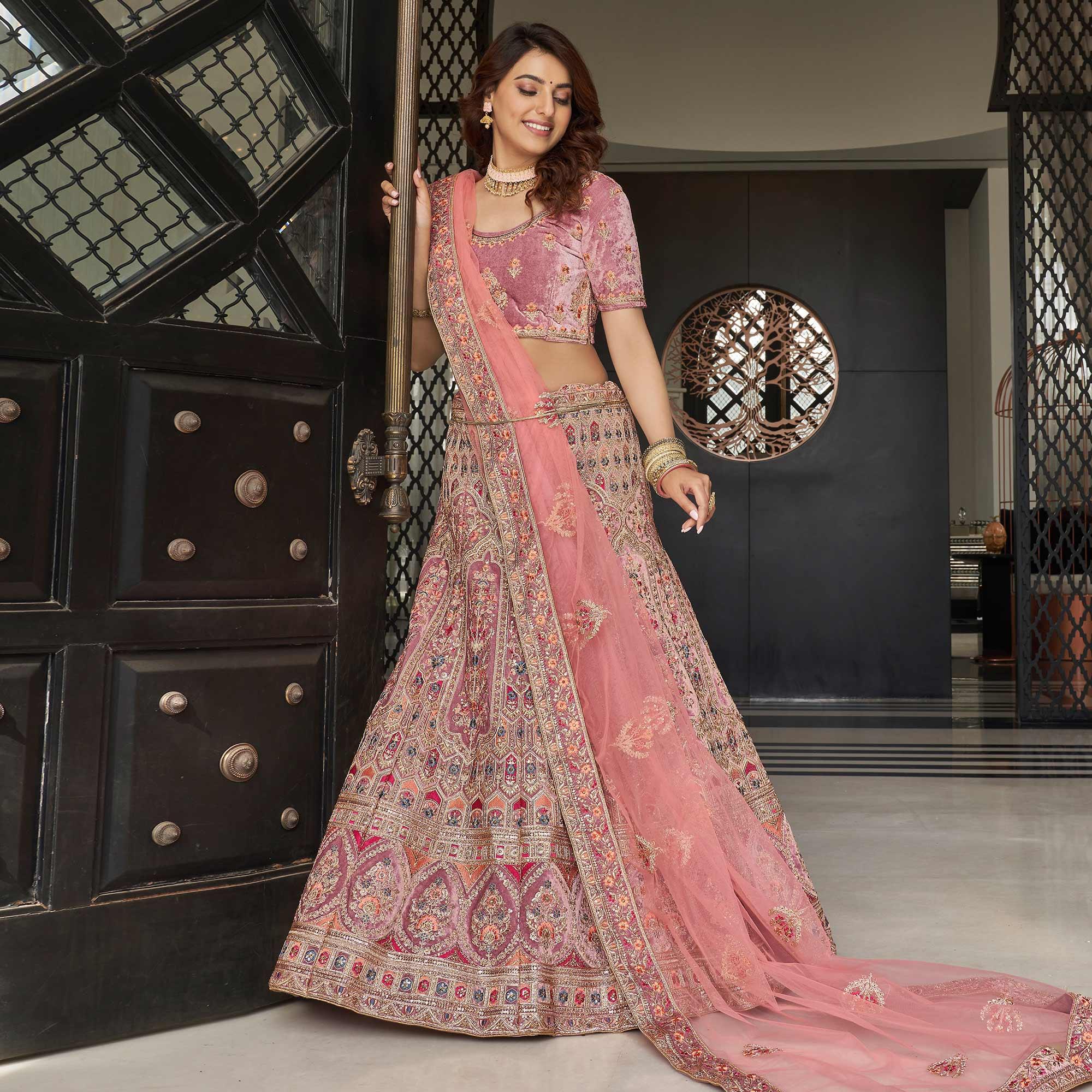 Pink Partywear Sequence Floral Embroidered Velvet Lehenga Choli - Peachmode