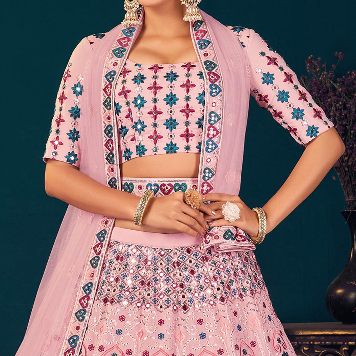 Pink Partywear Sequence With Gotta Patti Embroidered Georgette Lehenga Choli - Peachmode