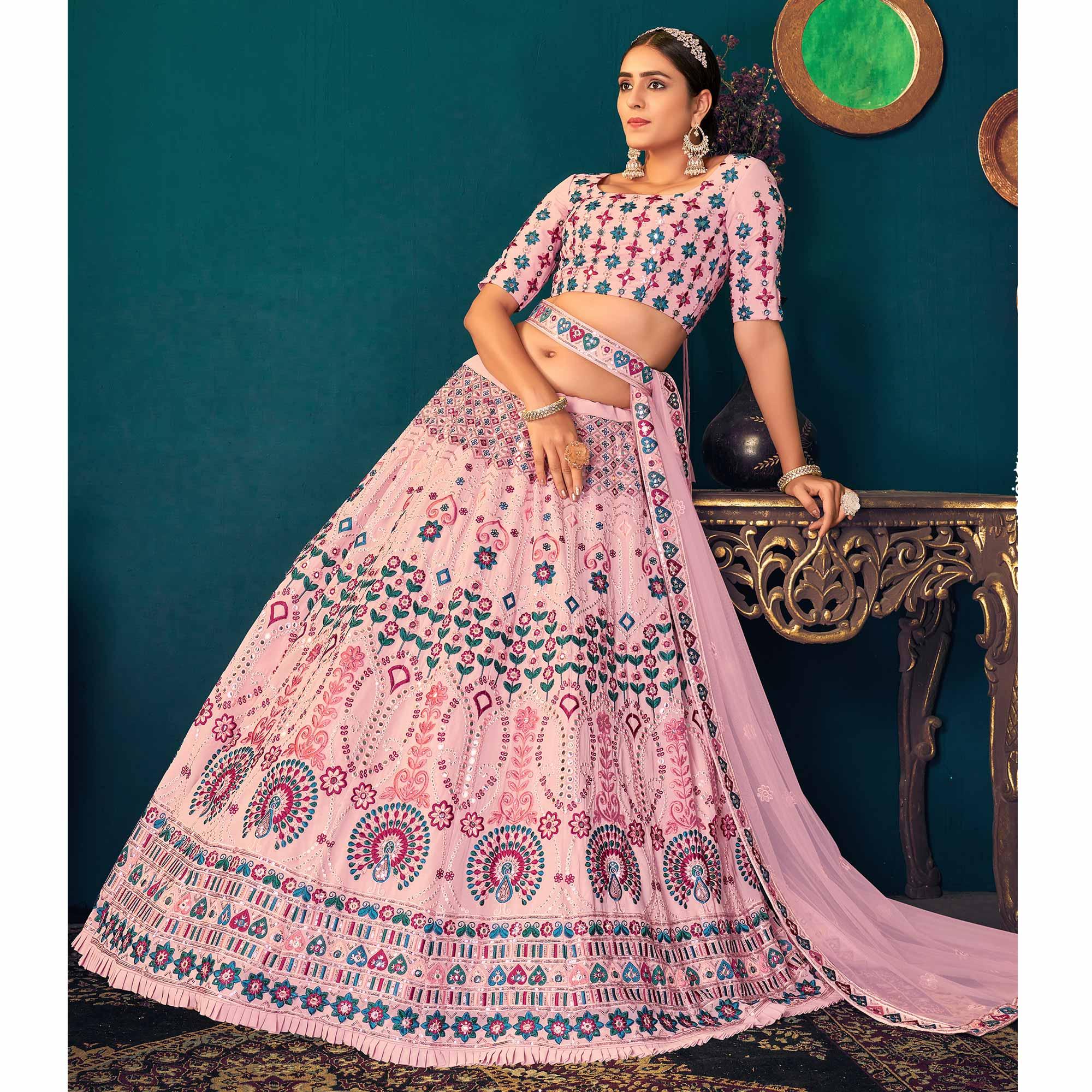 Pink Partywear Sequence With Gotta Patti Embroidered Georgette Lehenga Choli - Peachmode