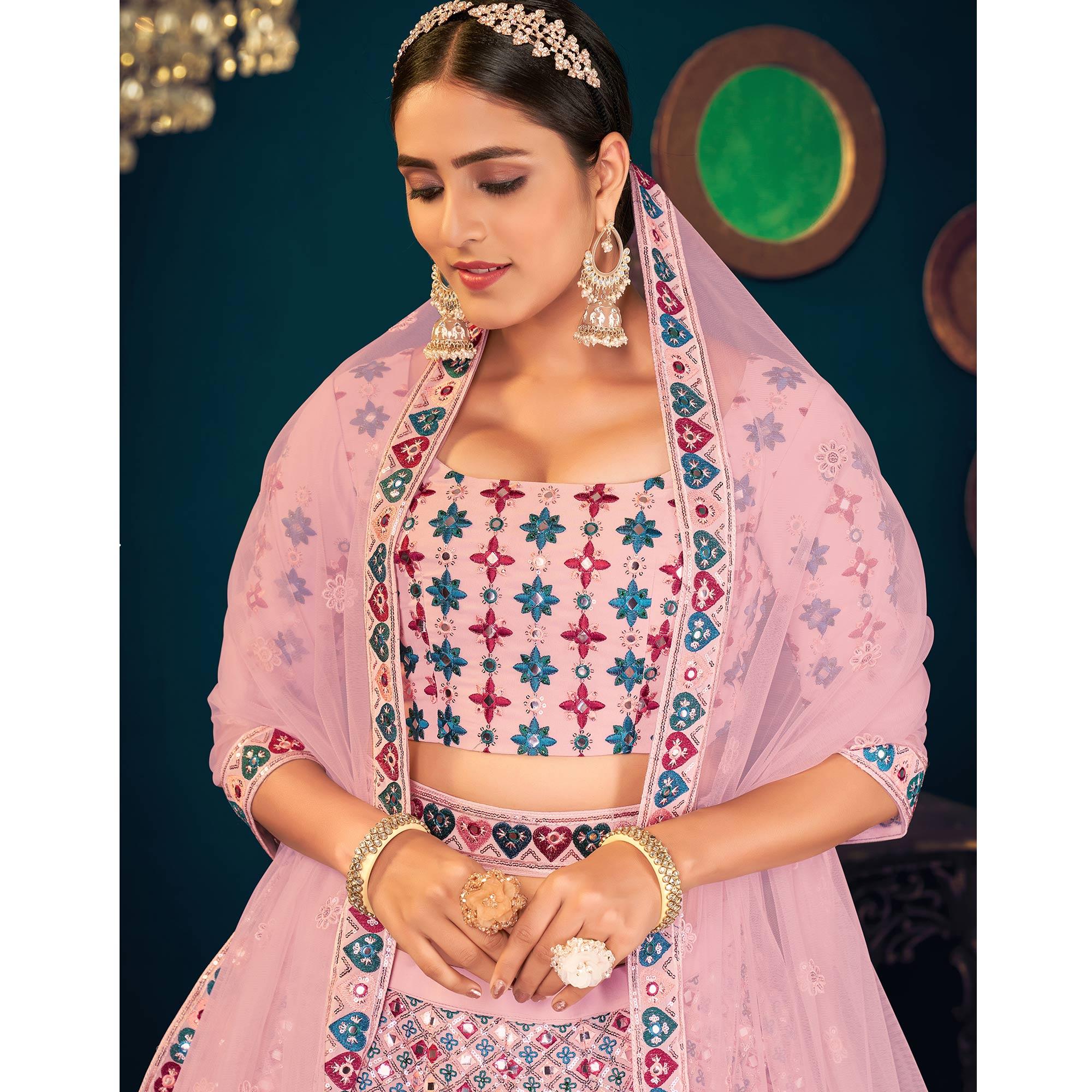 Pink Partywear Sequence With Gotta Patti Embroidered Georgette Lehenga Choli - Peachmode