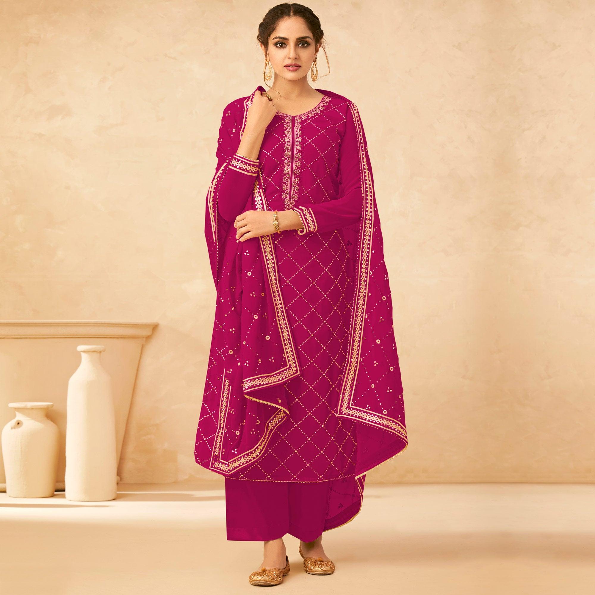 Pink Partywear Sequence Work Real Georgette Palazzo Suit - Peachmode
