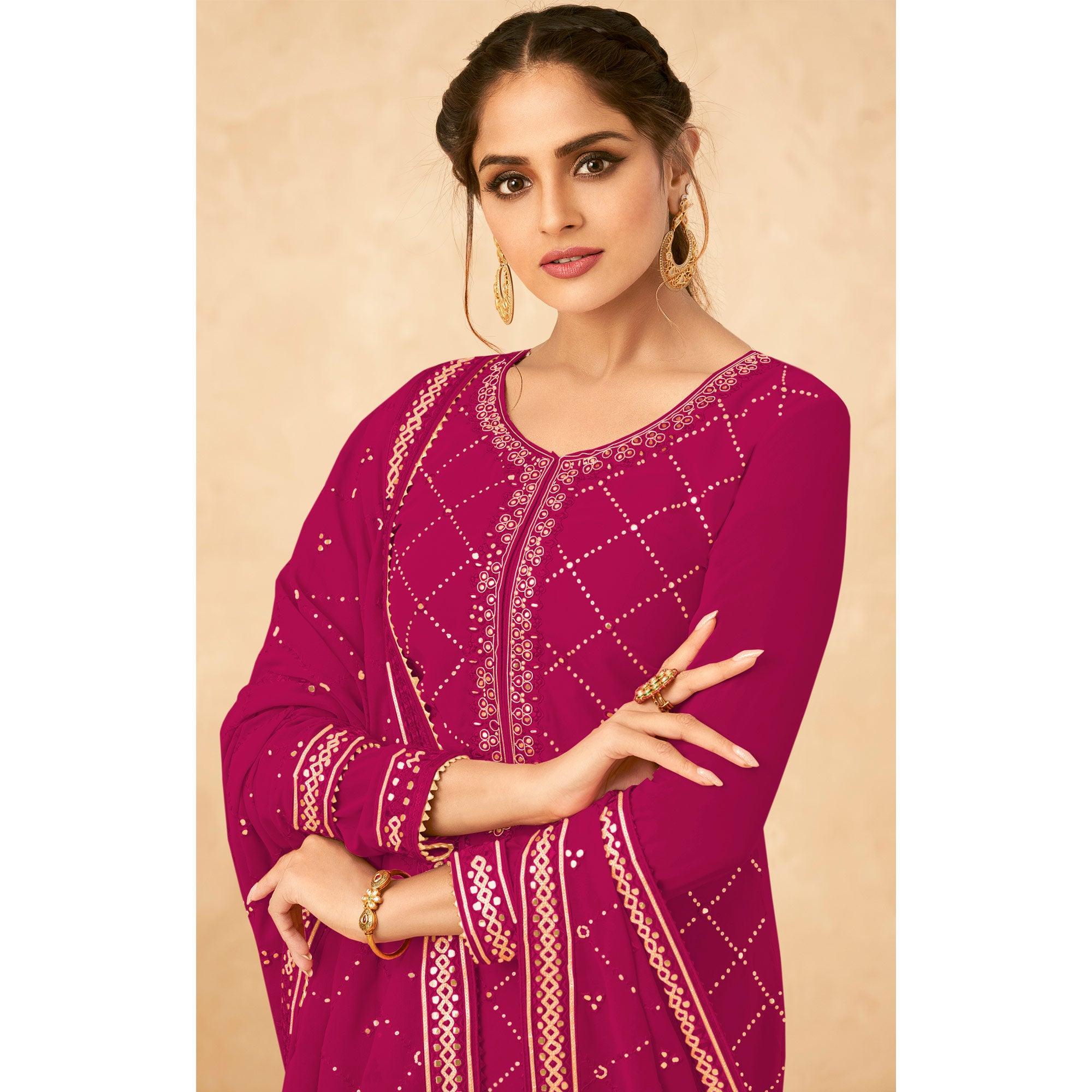 Pink Partywear Sequence Work Real Georgette Palazzo Suit - Peachmode