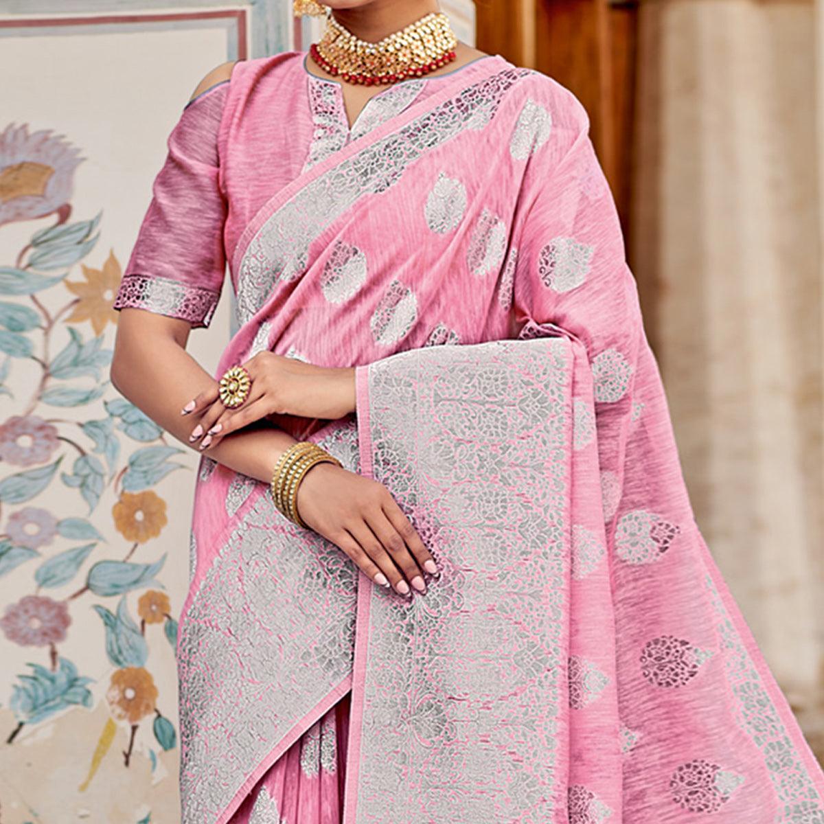 Pink Partywear Silver Zari Work Linen Saree - Peachmode