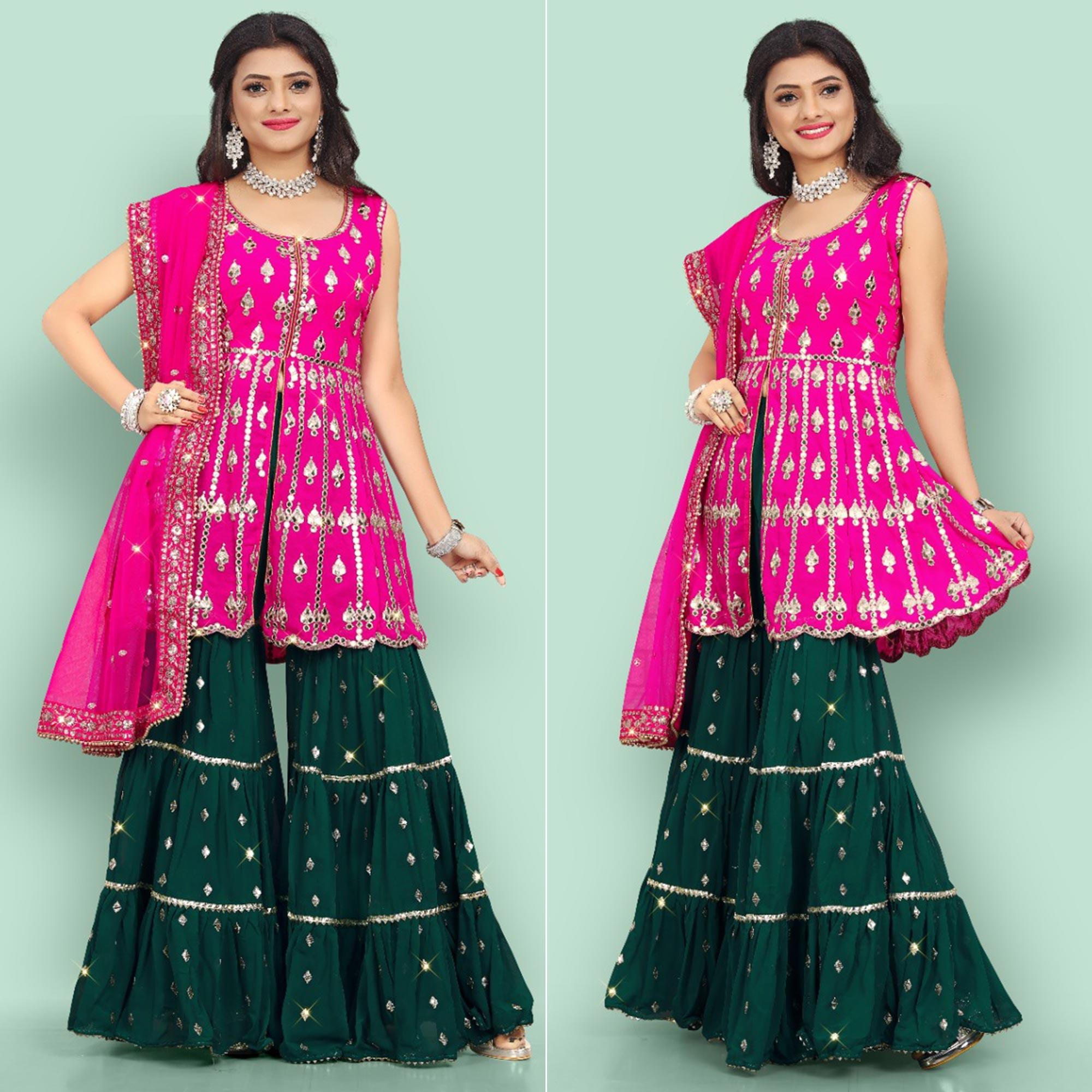 Pink Partywear Thread With Mirror Embroidered Georgette Sharara Suit - Peachmode