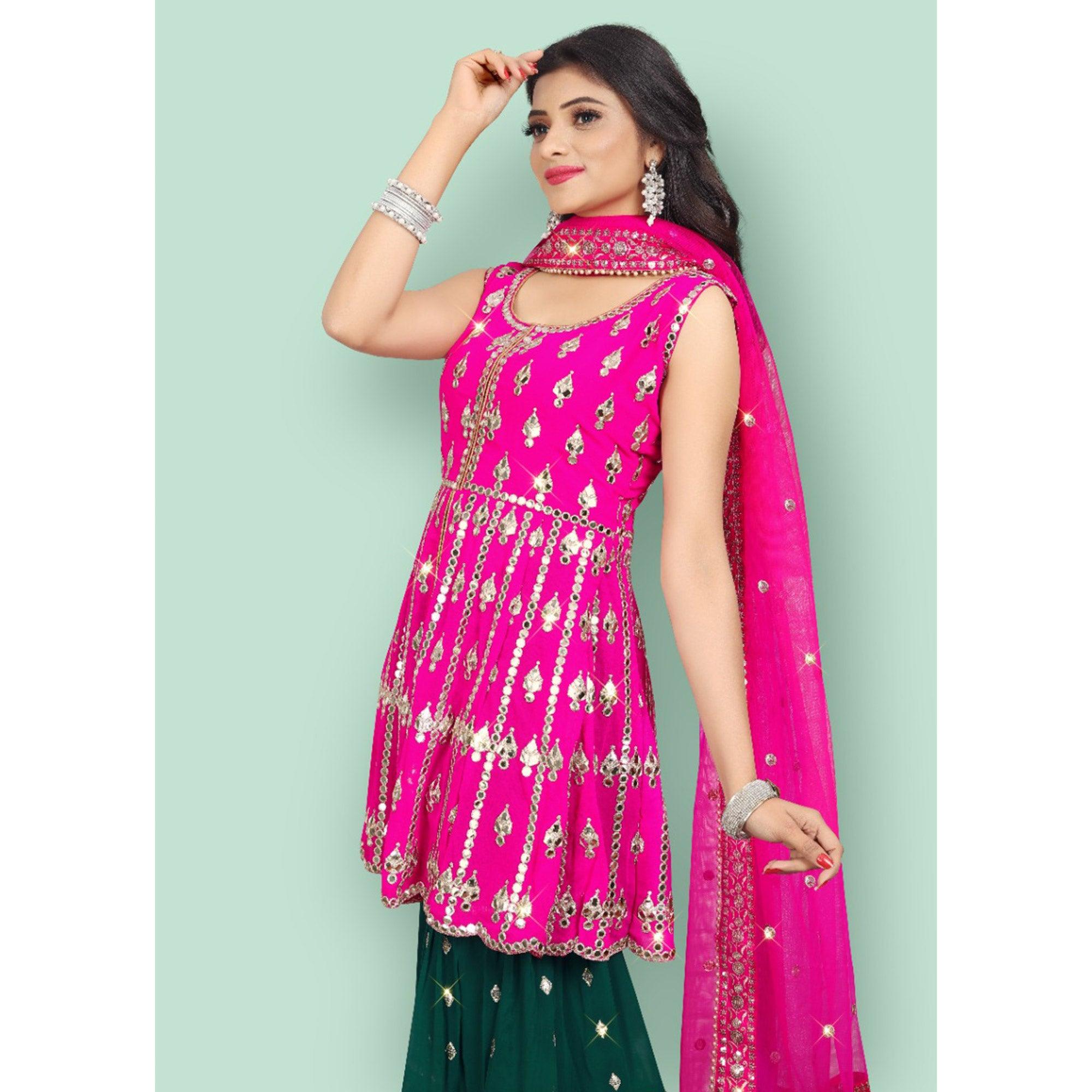 Pink Partywear Thread With Mirror Embroidered Georgette Sharara Suit - Peachmode