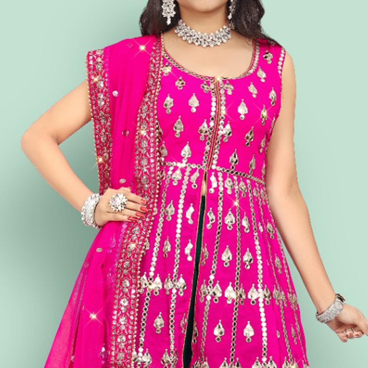 Pink Partywear Thread With Mirror Embroidered Georgette Sharara Suit - Peachmode