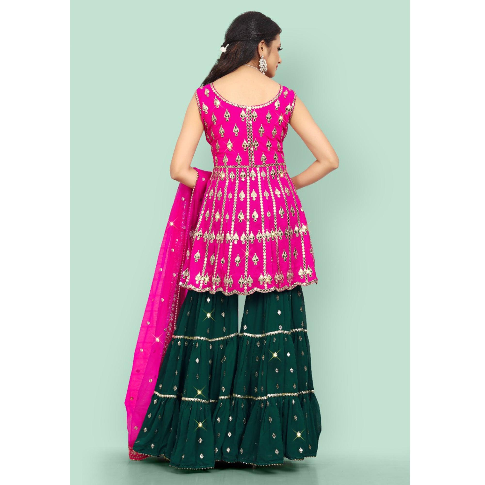 Pink Partywear Thread With Mirror Embroidered Georgette Sharara Suit - Peachmode