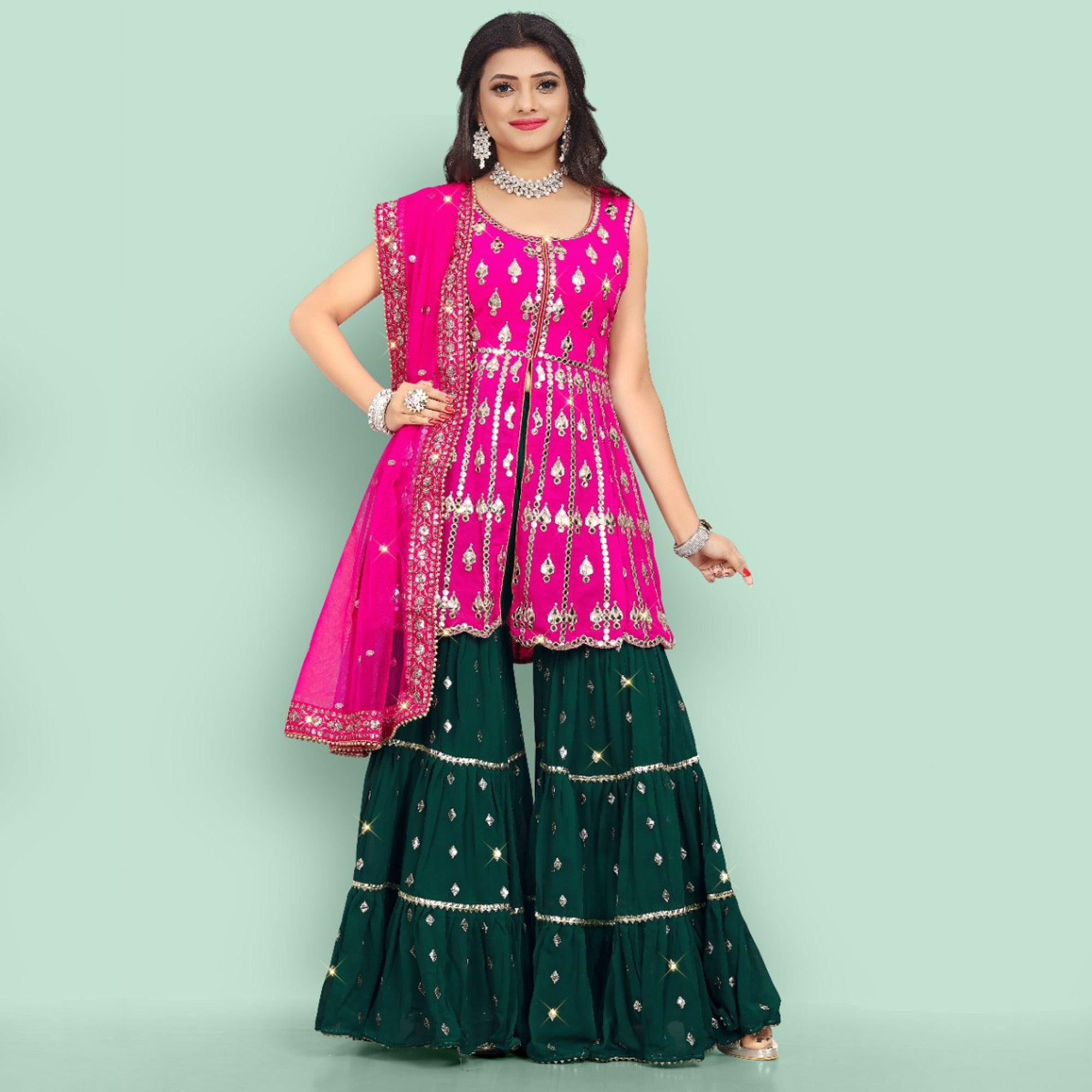 Pink Partywear Thread With Mirror Embroidered Georgette Sharara Suit - Peachmode