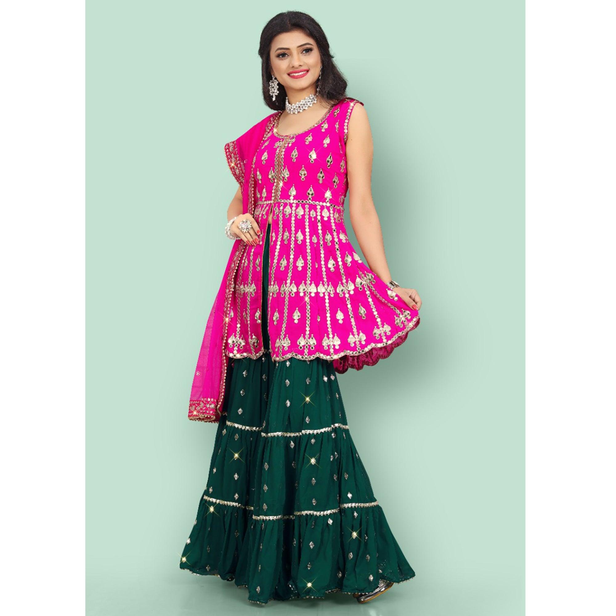 Pink Partywear Thread With Mirror Embroidered Georgette Sharara Suit - Peachmode