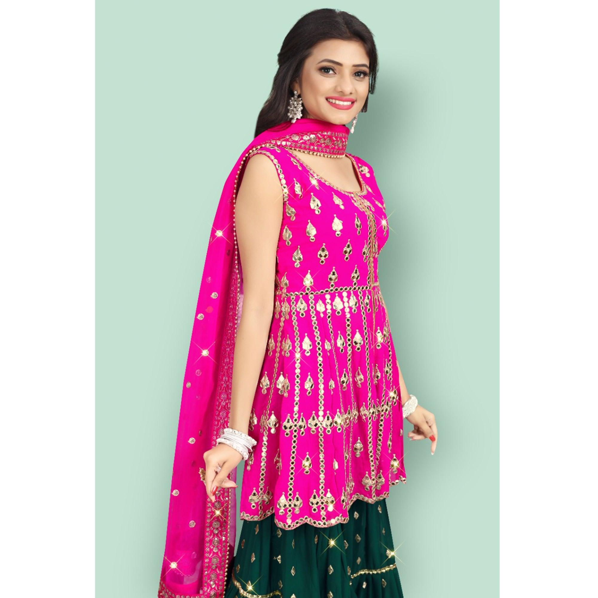 Pink Partywear Thread With Mirror Embroidered Georgette Sharara Suit - Peachmode