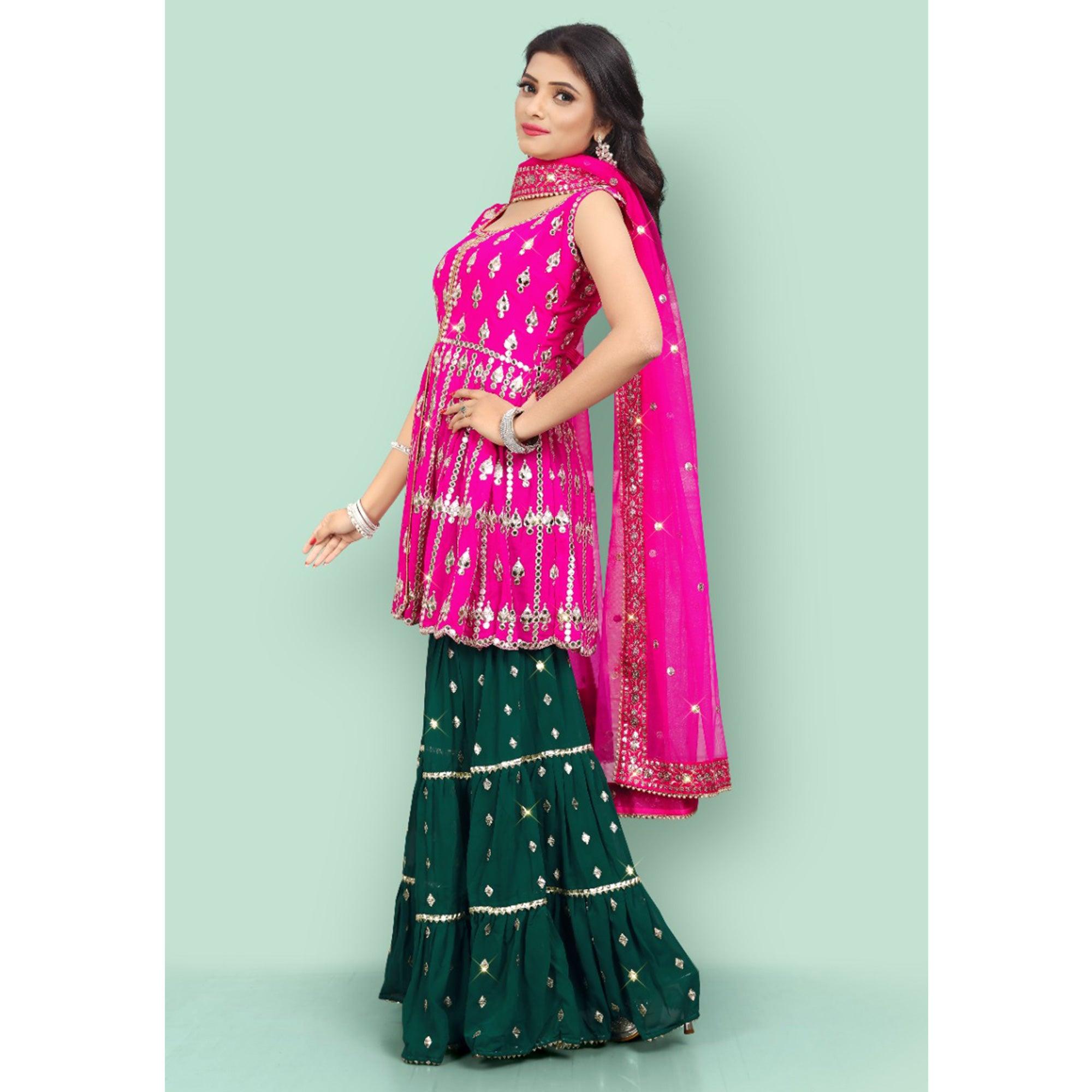 Pink Partywear Thread With Mirror Embroidered Georgette Sharara Suit - Peachmode