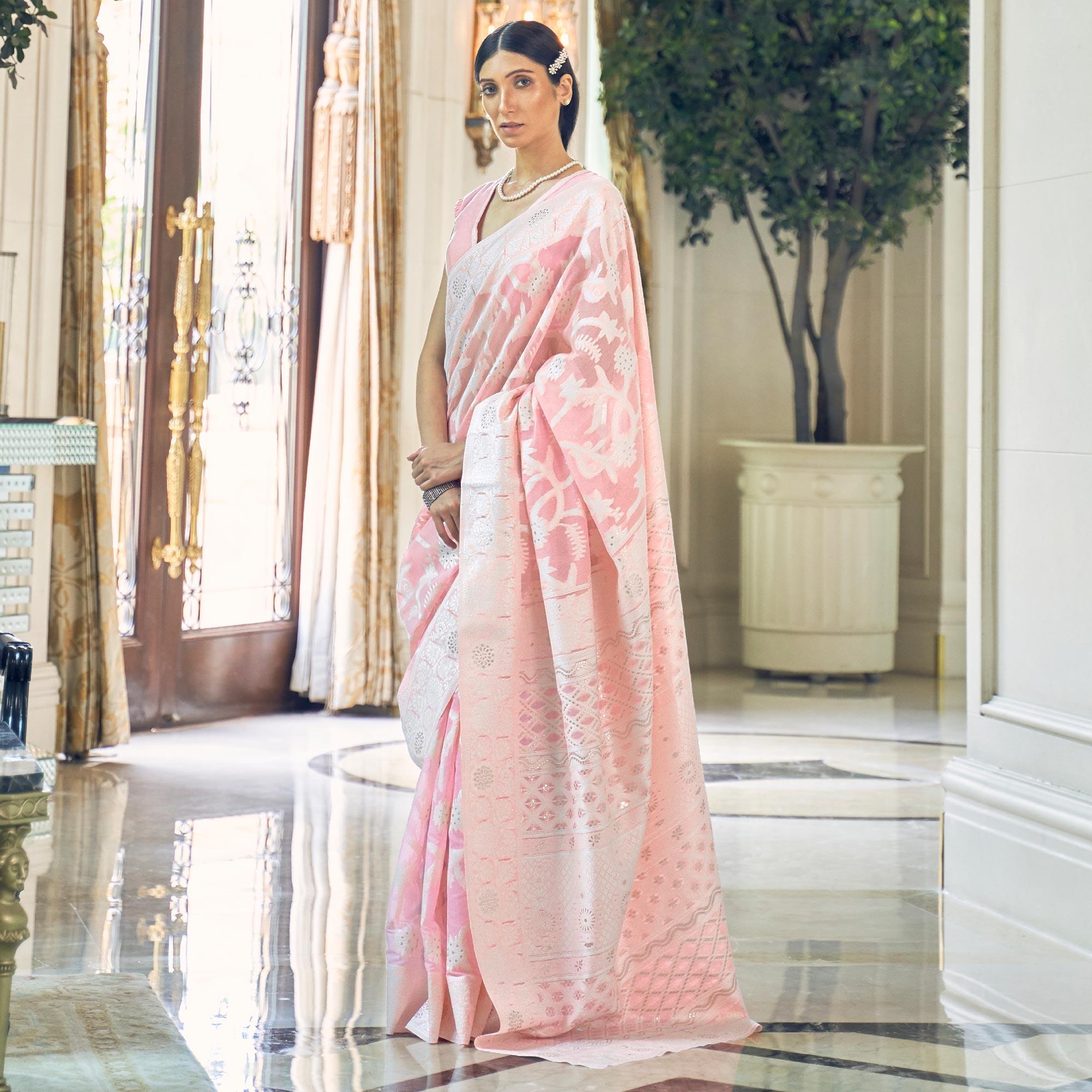 Pink Partywear Woven Chanderi Saree - Peachmode