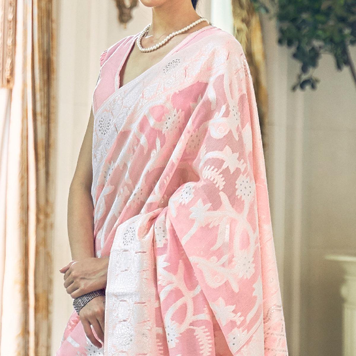 Pink Partywear Woven Chanderi Saree - Peachmode