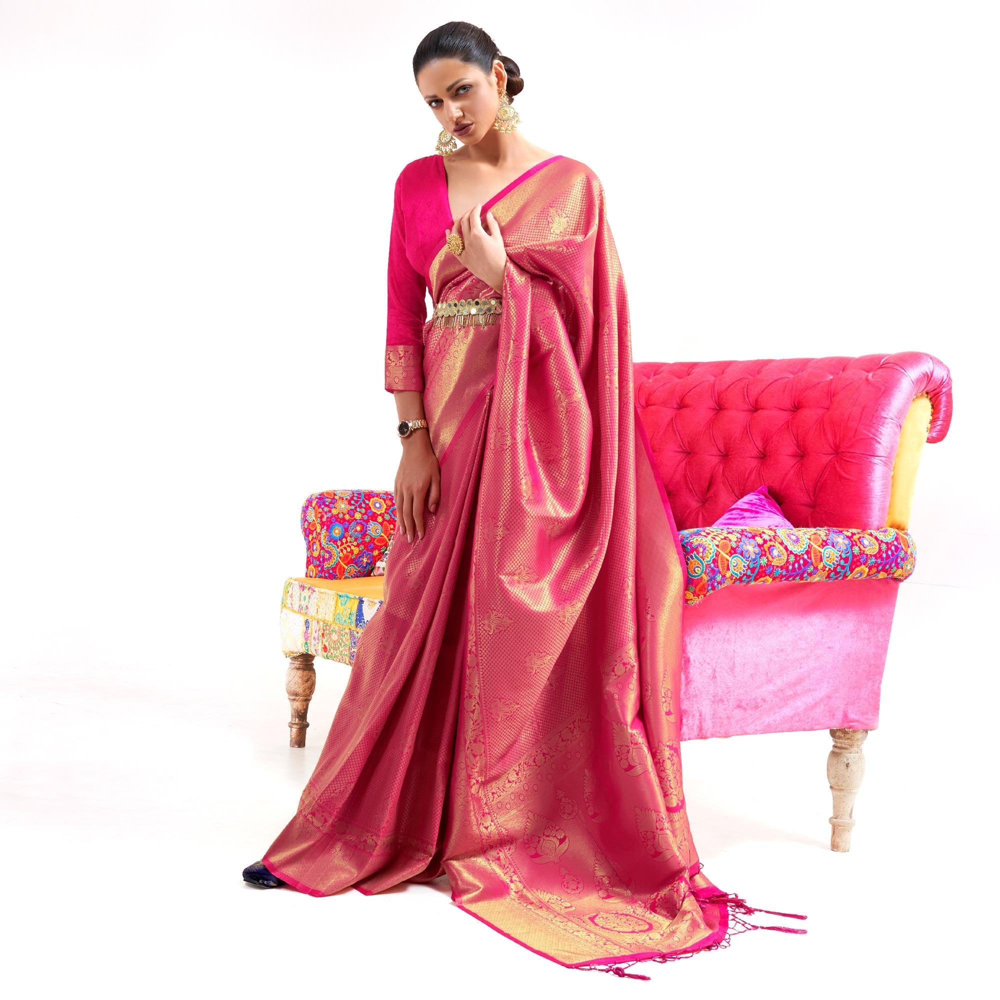Pink Partywear Woven Handloom Silk Saree - Peachmode