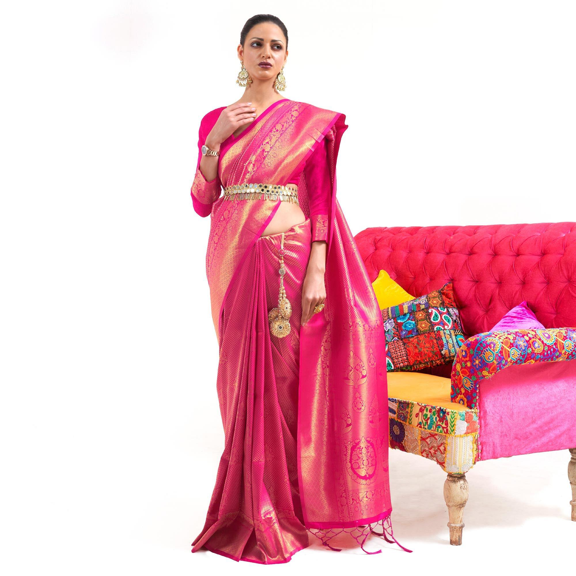 Pink Partywear Woven Handloom Silk Saree - Peachmode