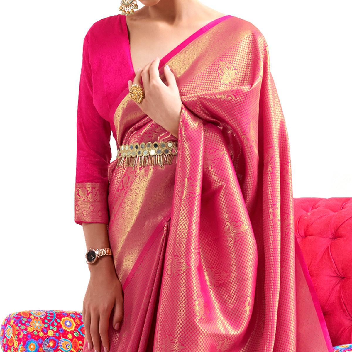 Pink Partywear Woven Handloom Silk Saree - Peachmode
