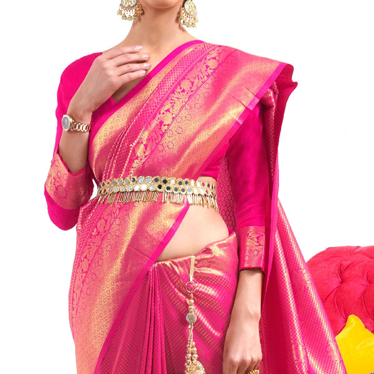 Pink Partywear Woven Handloom Silk Saree - Peachmode