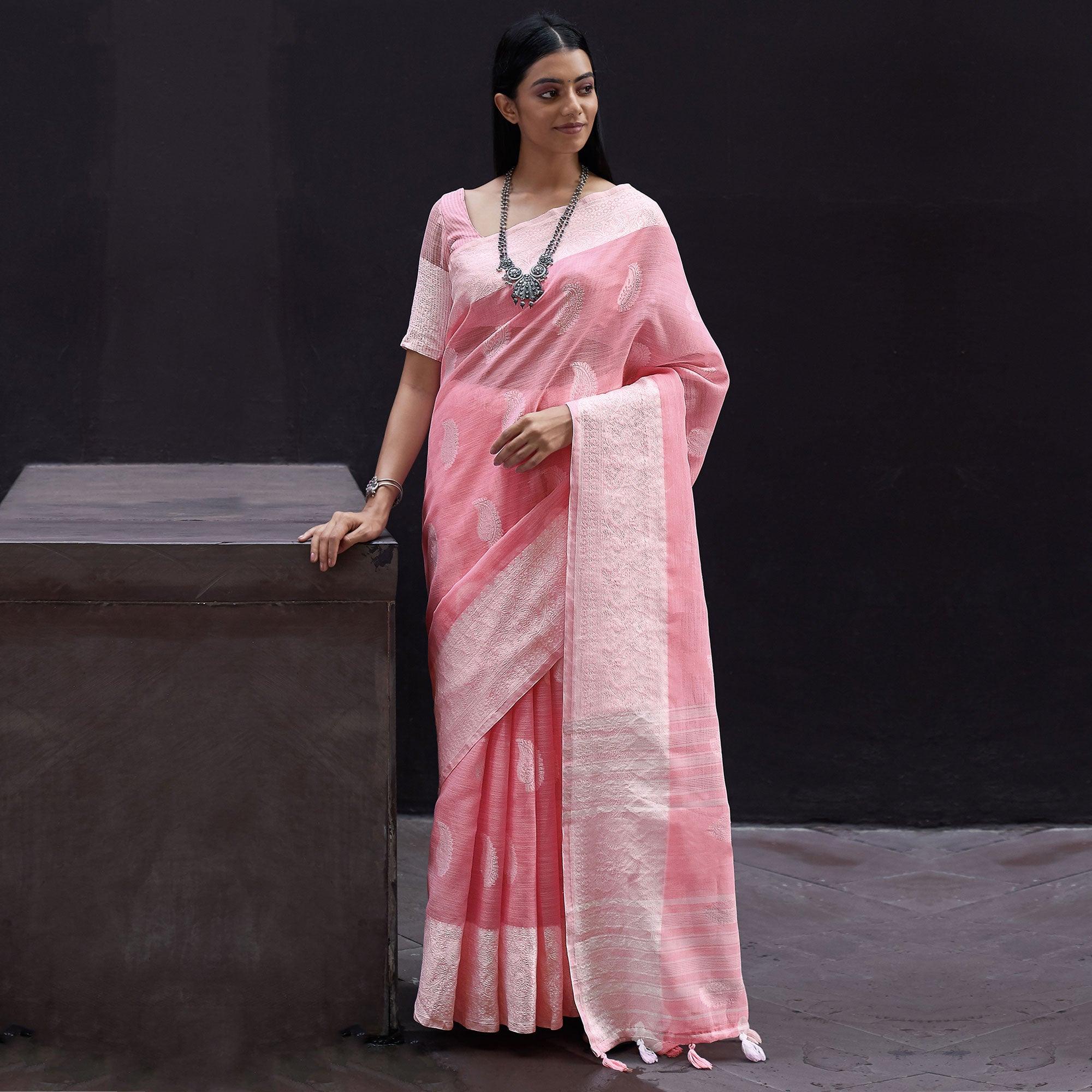 Pink Partywear Woven Linen Saree - Peachmode