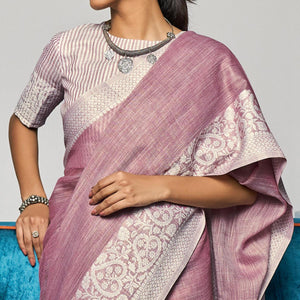 Pink Partywear Woven Linen Saree - Peachmode