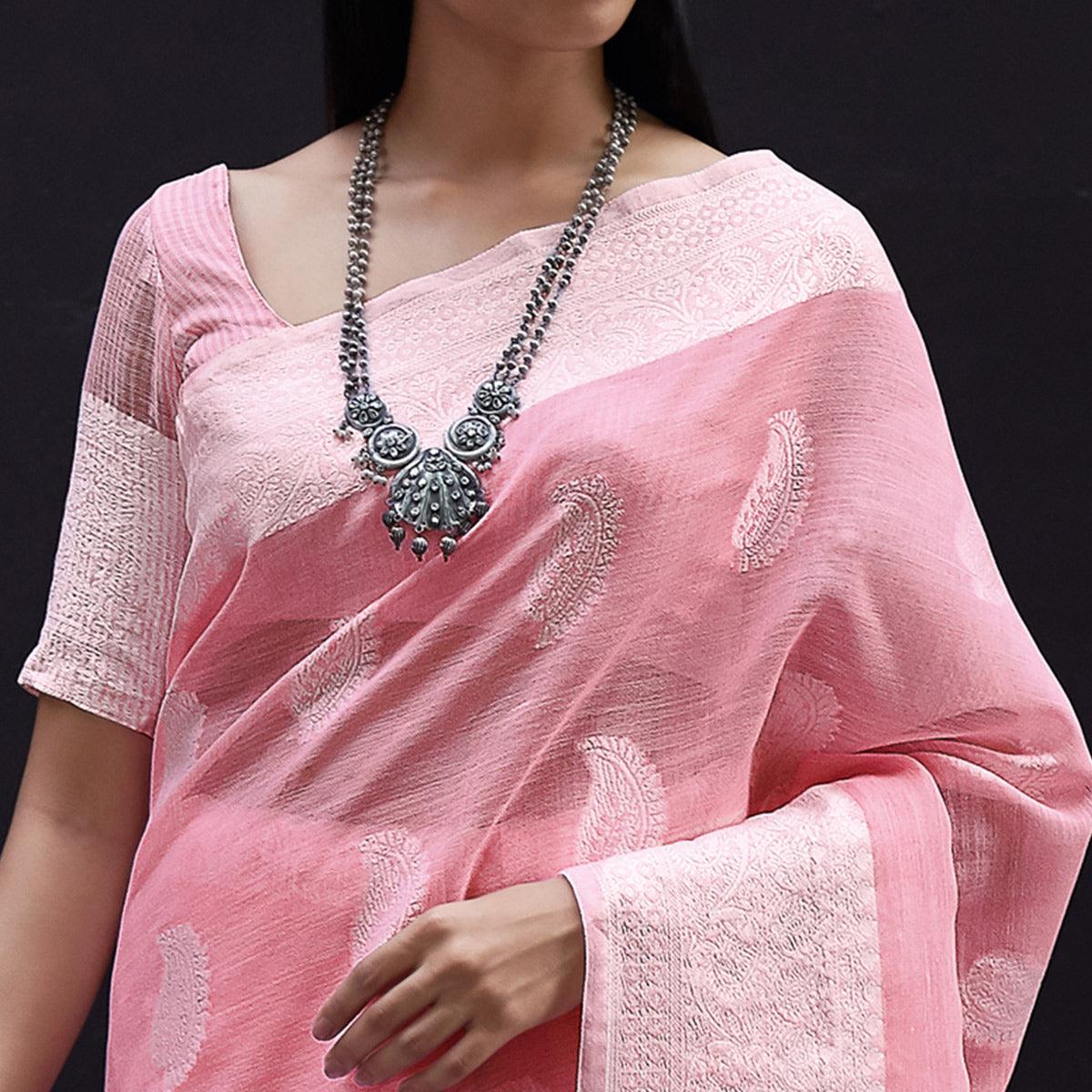Pink Partywear Woven Linen Saree - Peachmode