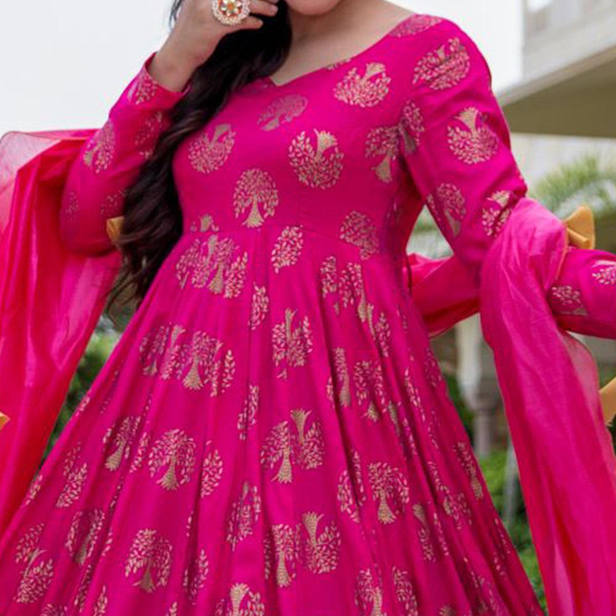 Pink Partywear Woven Printed Rayon Anarkali Suit With Dupatta - Peachmode
