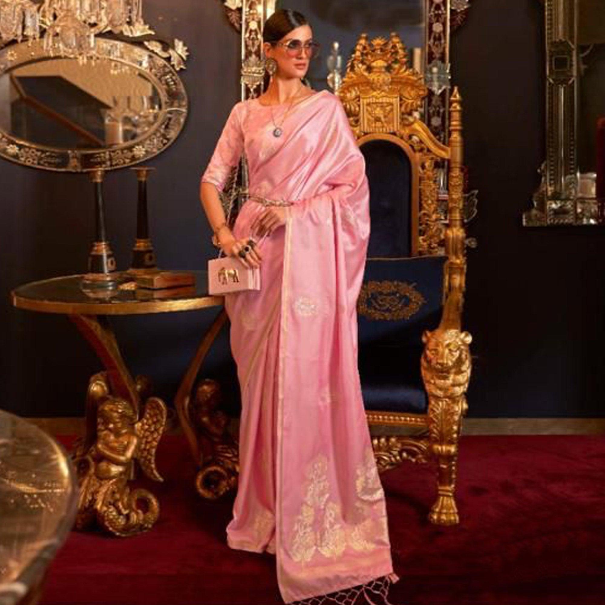 Pink Partywear Woven Satin Saree - Peachmode