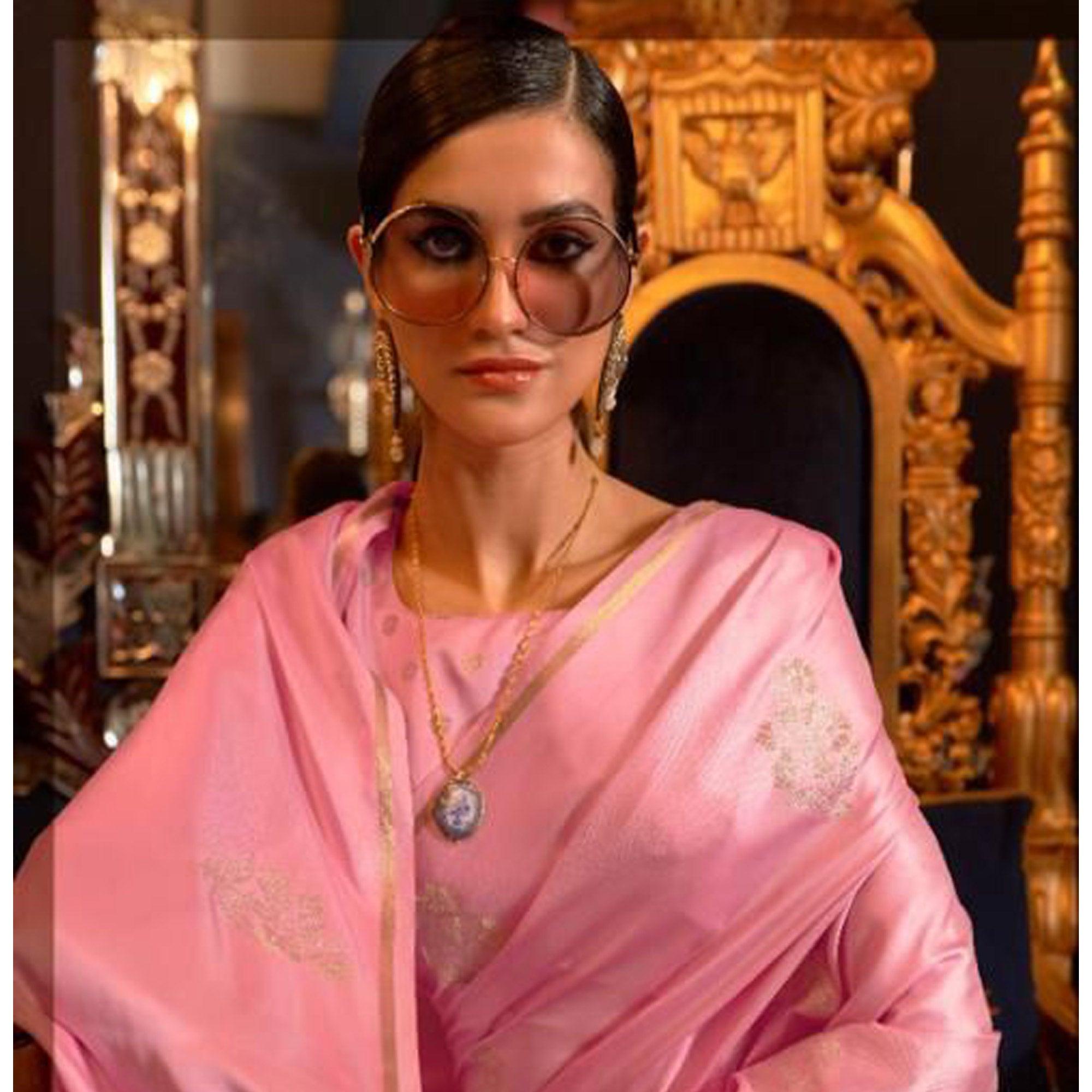 Pink Partywear Woven Satin Saree - Peachmode