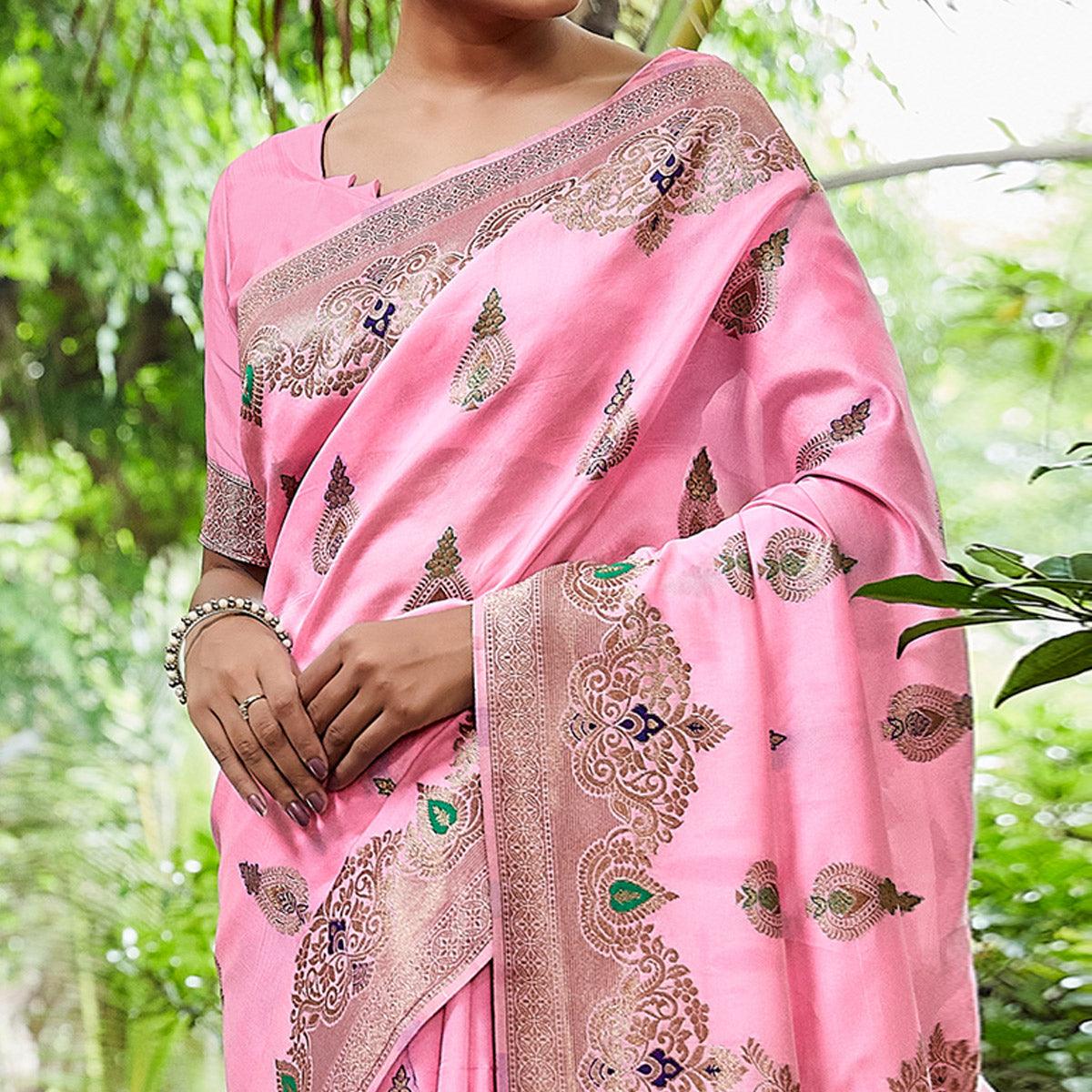 Pink Partywear Woven Silk Saree - Peachmode