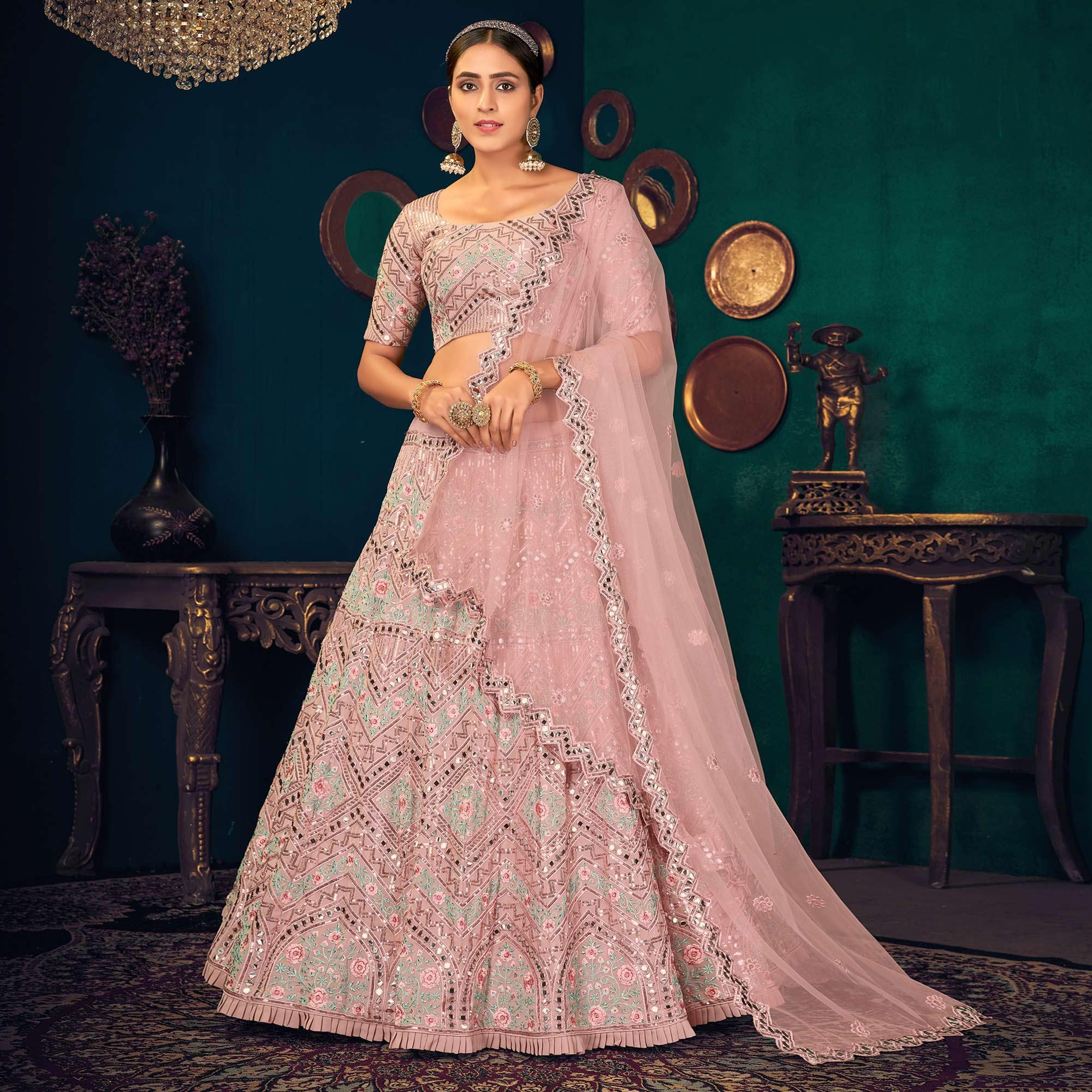 Pink Pastel Partywear Sequence With Gotta Patti Embroidered Georgette Lehenga Choli - Peachmode
