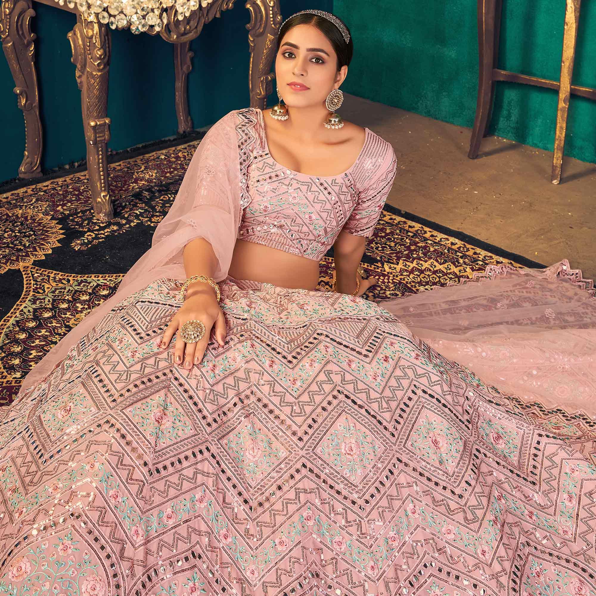 Pink Pastel Partywear Sequence With Gotta Patti Embroidered Georgette Lehenga Choli - Peachmode