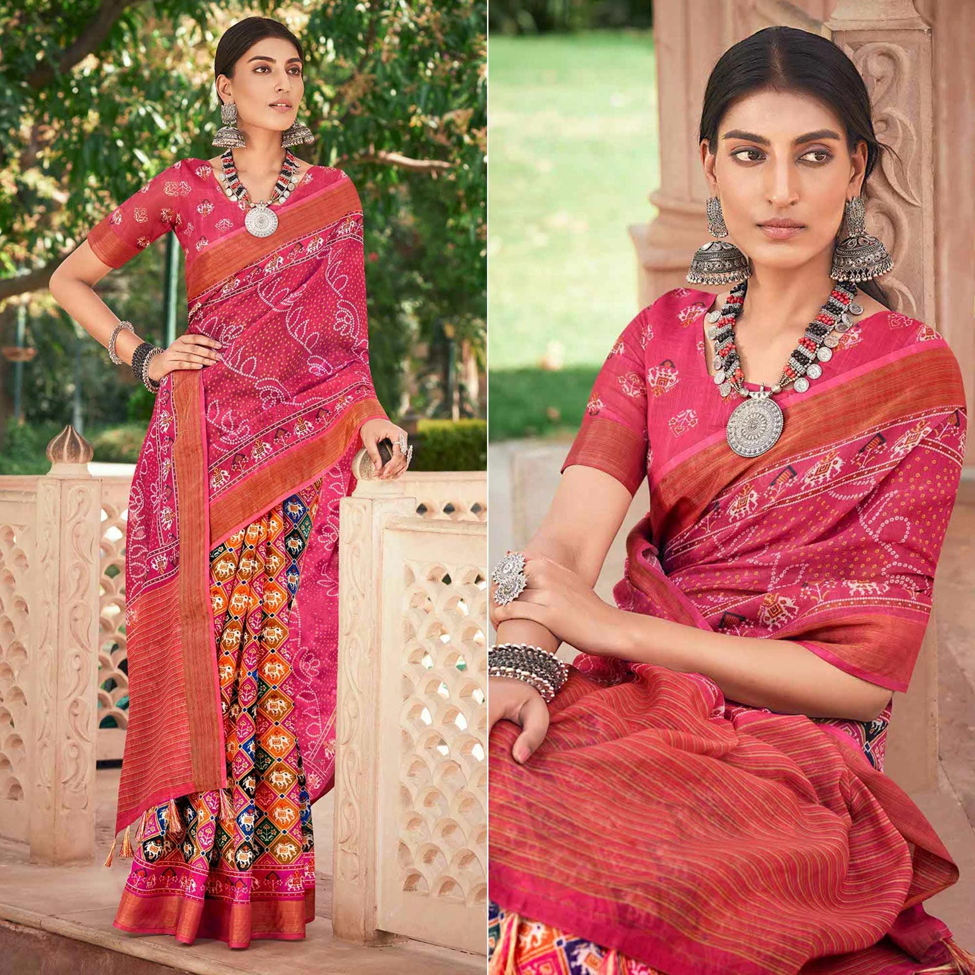Pink Patola Printed Cotton Silk Half and Half Saree With Tassels - Peachmode