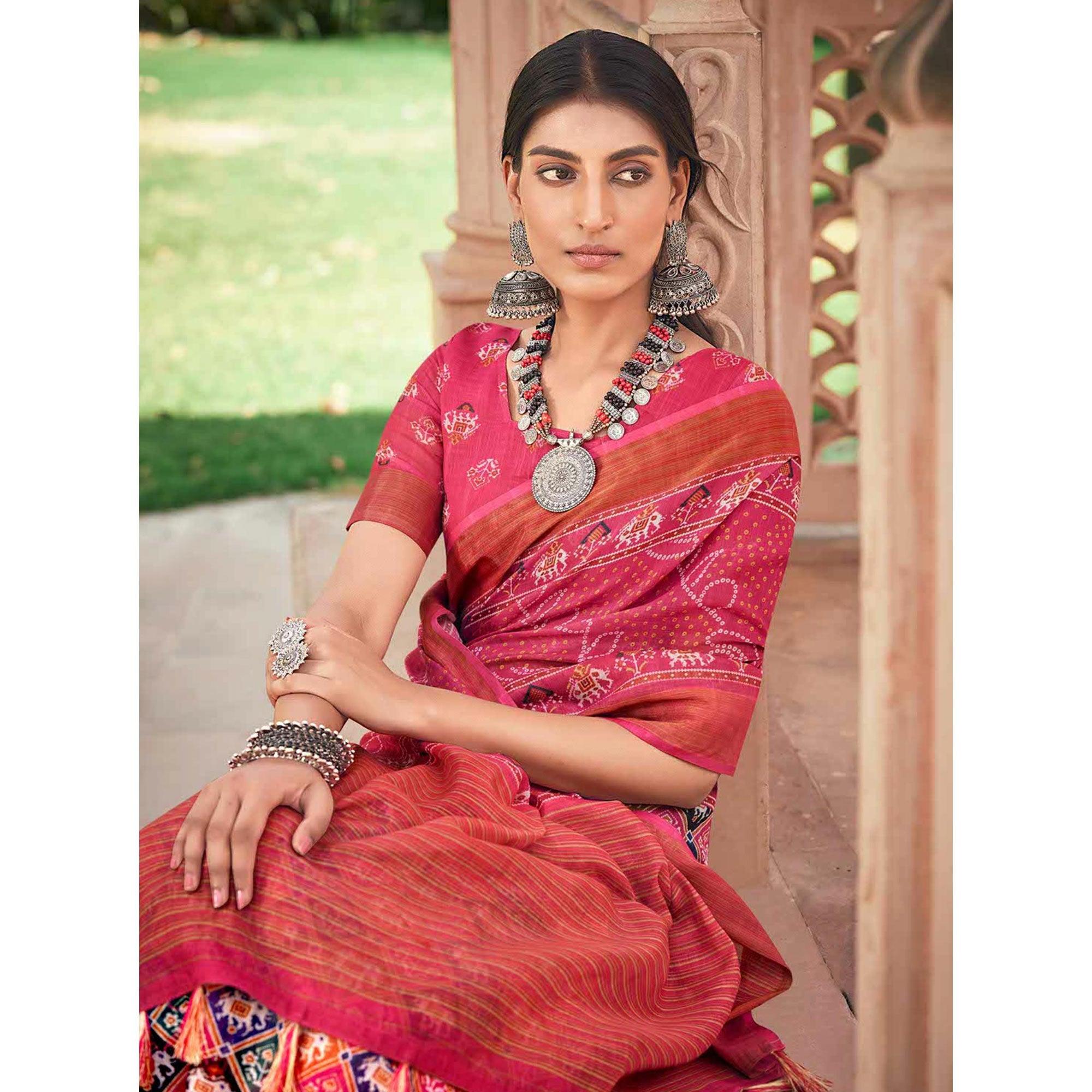 Pink Patola Printed Cotton Silk Half and Half Saree With Tassels - Peachmode