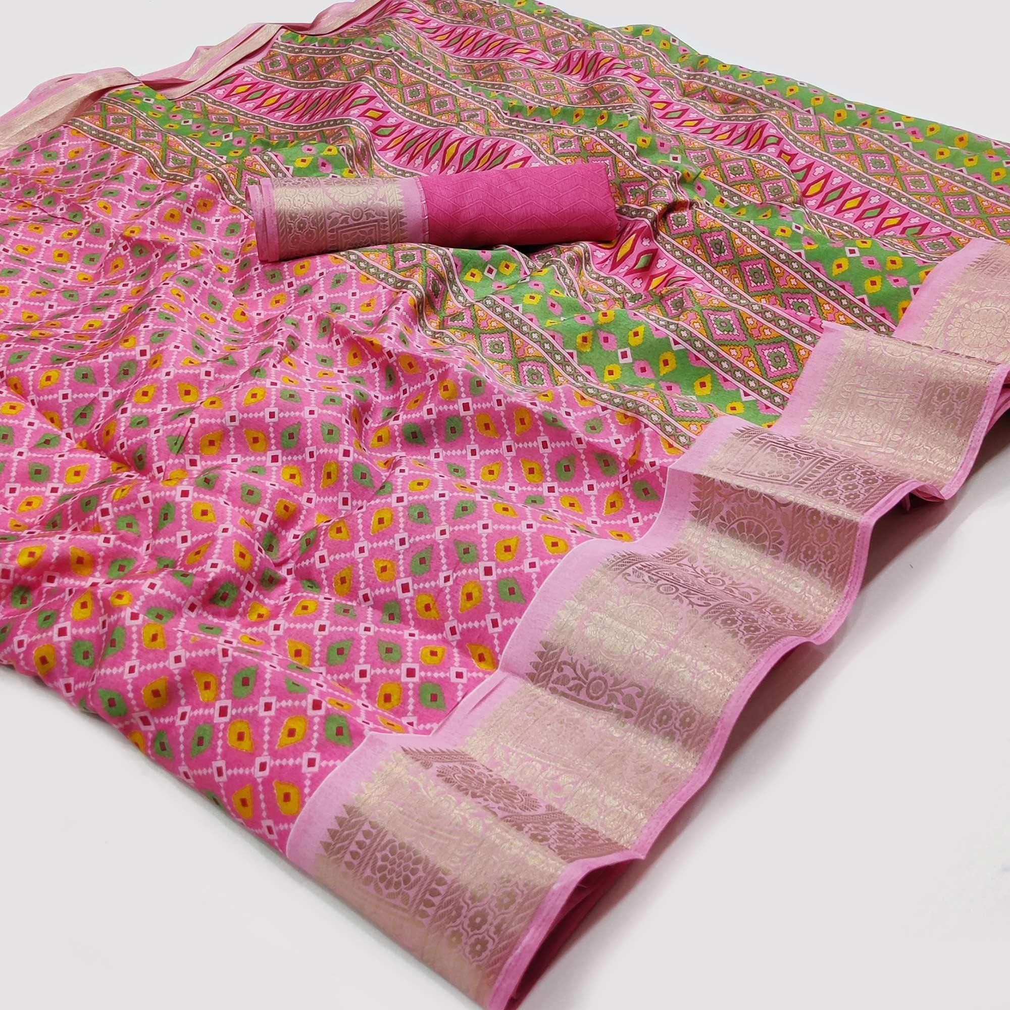 Pink Patola Printed Dola Silk Saree - Peachmode