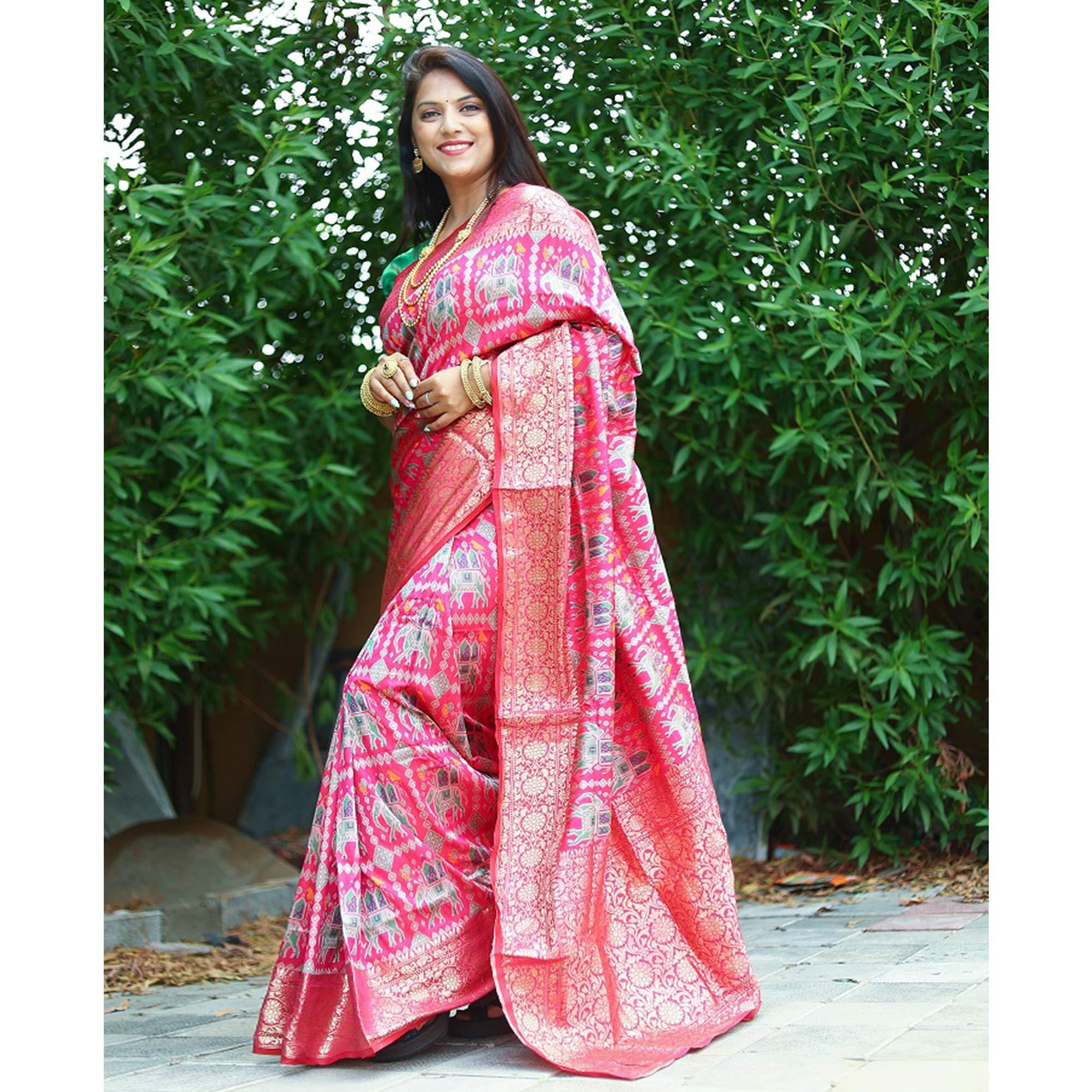 Pink Patola Printed Silk Saree - Peachmode