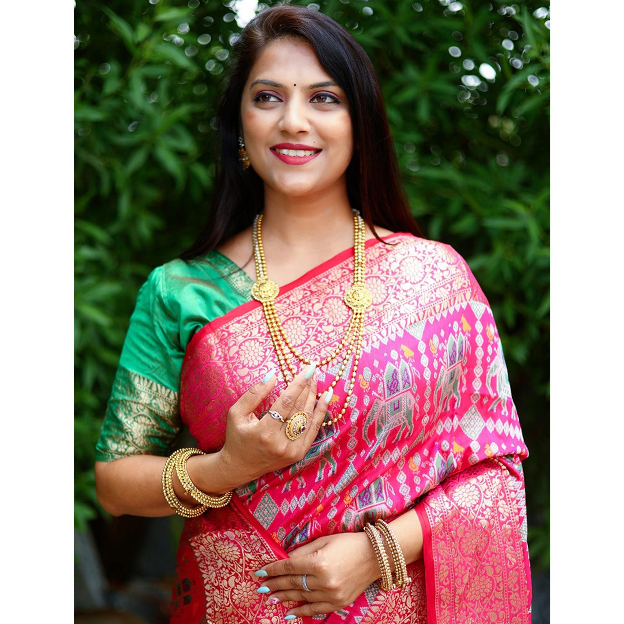Pink Patola Printed Silk Saree - Peachmode
