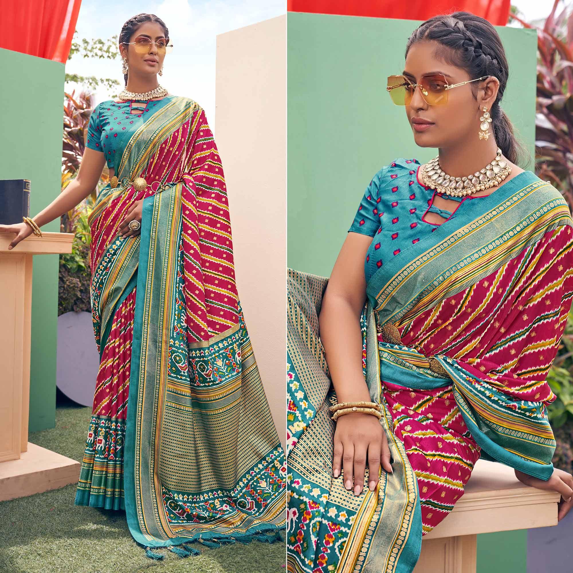 Pink Patola Printed Silk Saree With Tassels - Peachmode