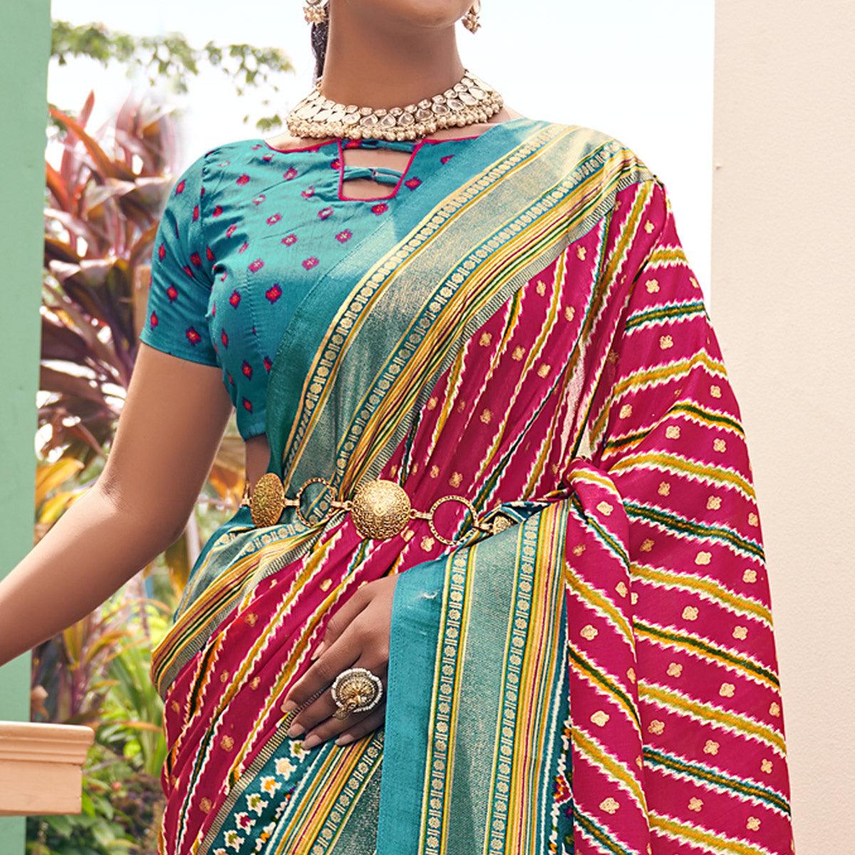 Pink Patola Printed Silk Saree With Tassels - Peachmode