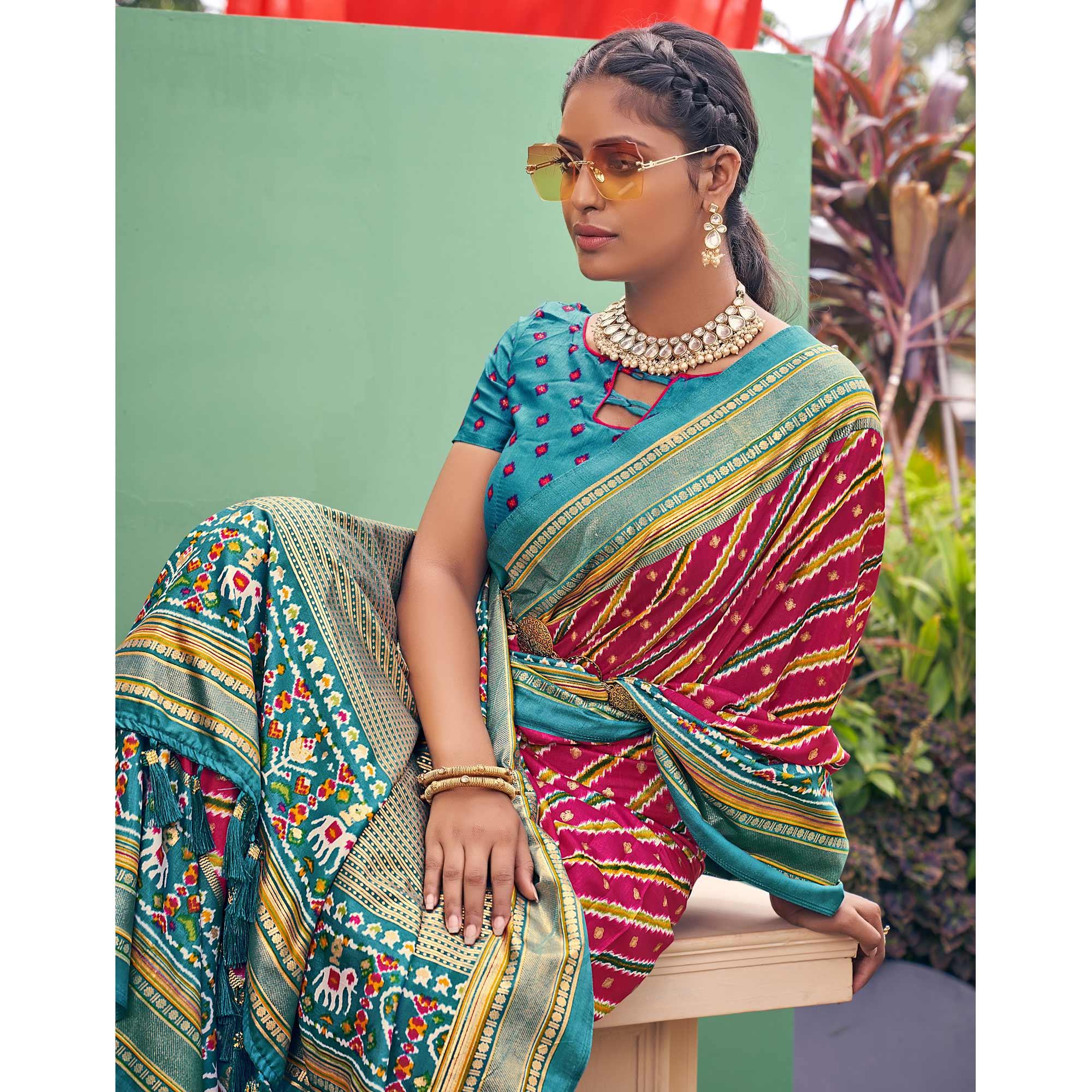 Pink Patola Printed Silk Saree With Tassels - Peachmode