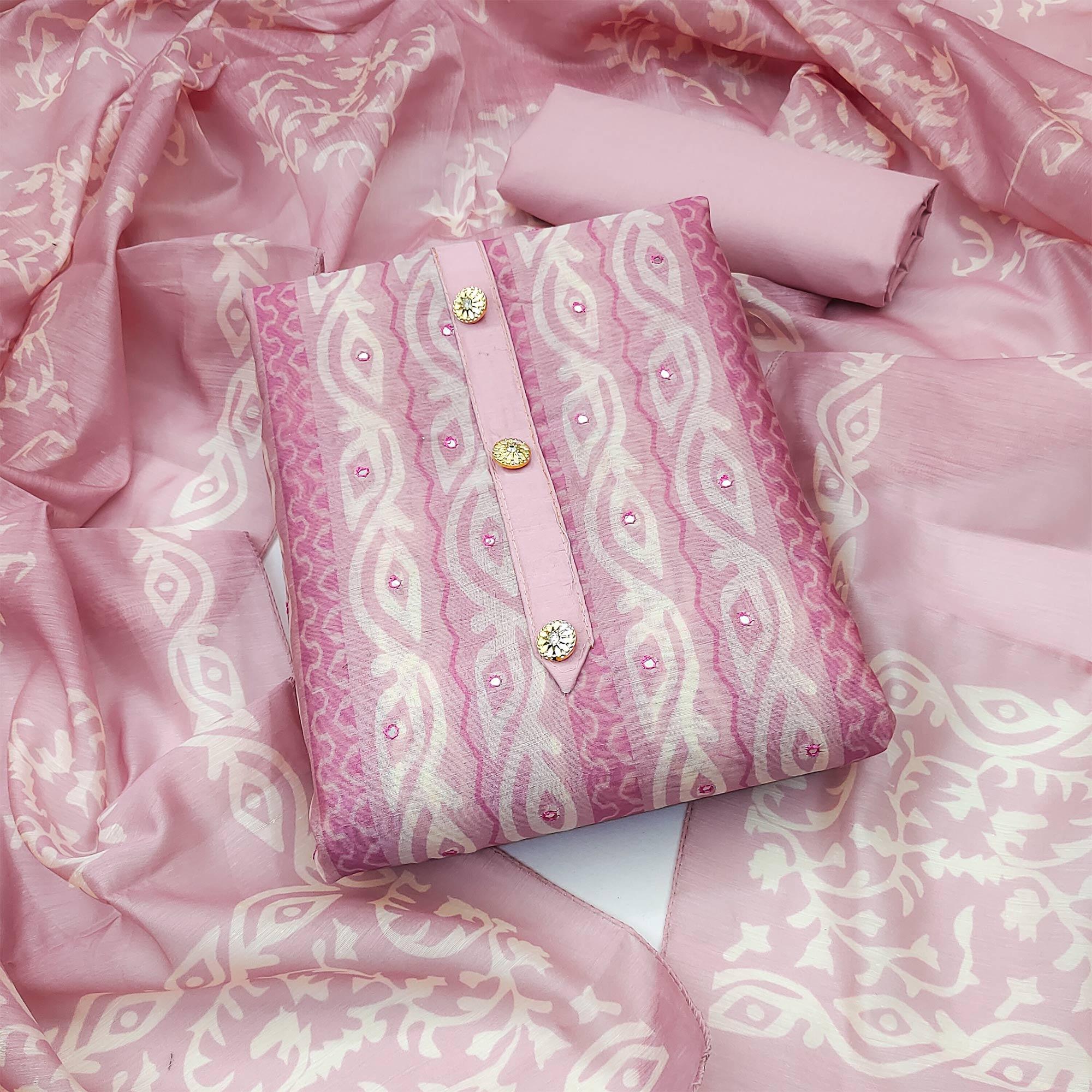 Pink Printed & Mirror Work Chanderi Dress Material - Peachmode
