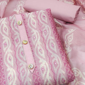 Pink Printed & Mirror Work Chanderi Dress Material - Peachmode