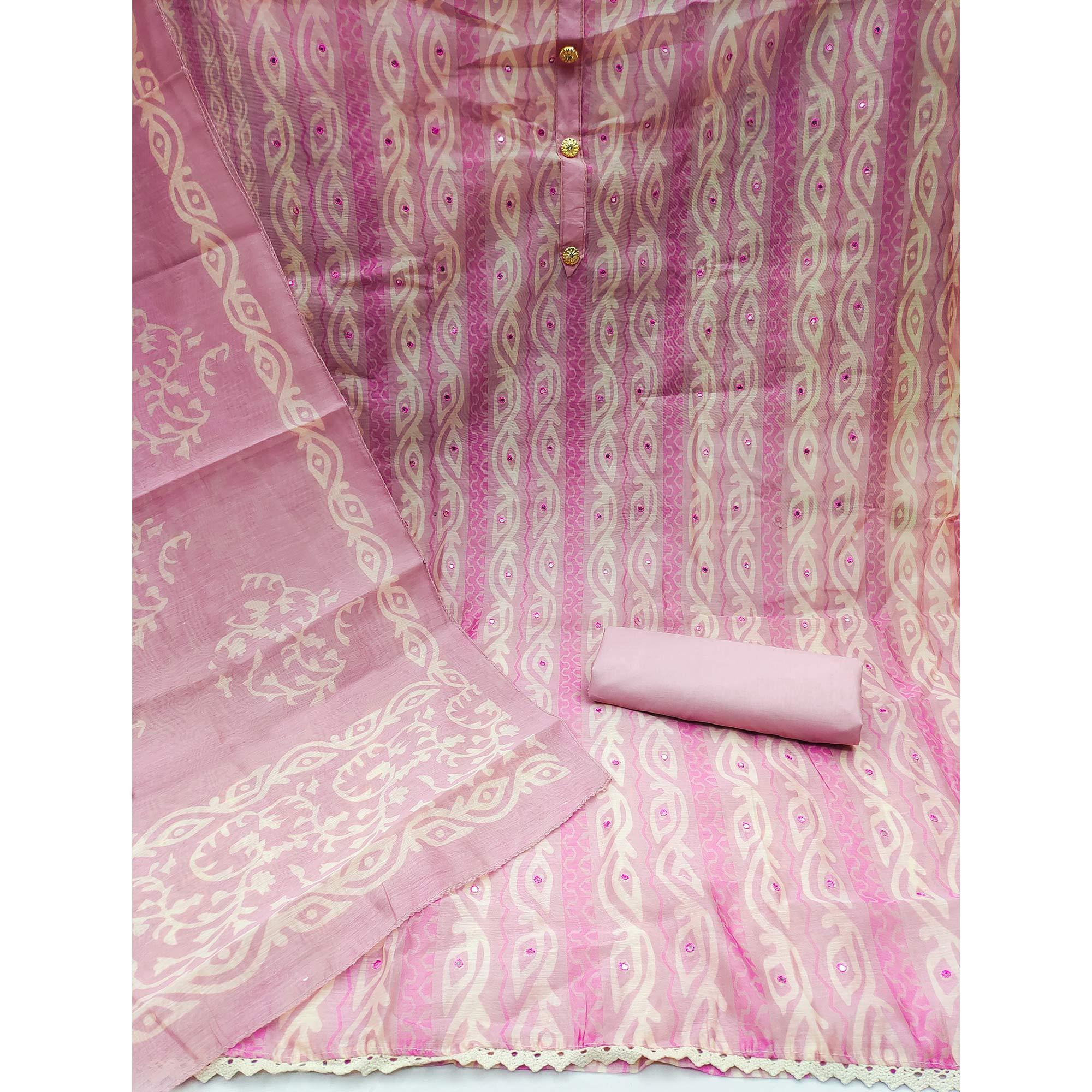 Pink Printed & Mirror Work Chanderi Dress Material - Peachmode