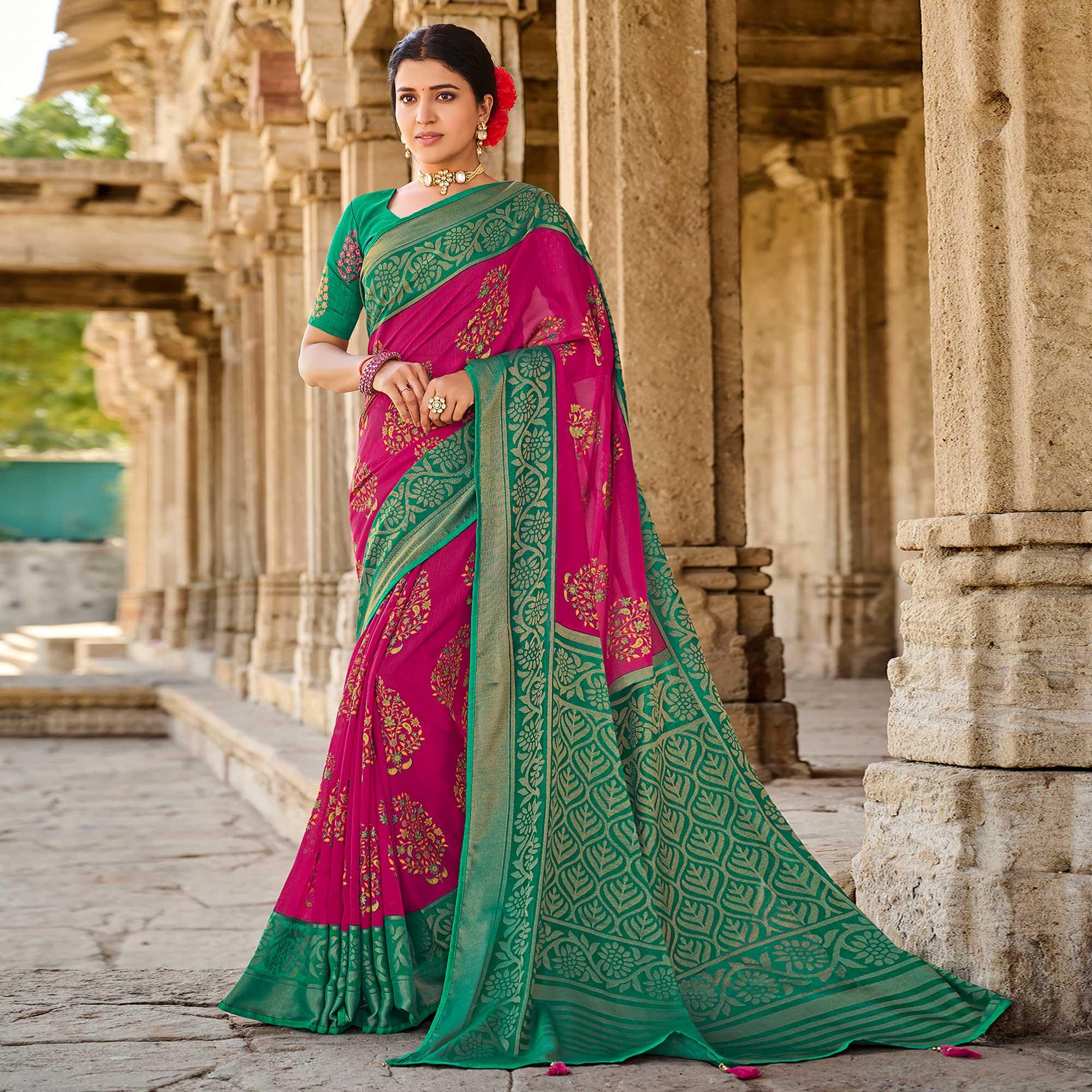 Pink Printed Art Silk Saree With Tassels - Peachmode
