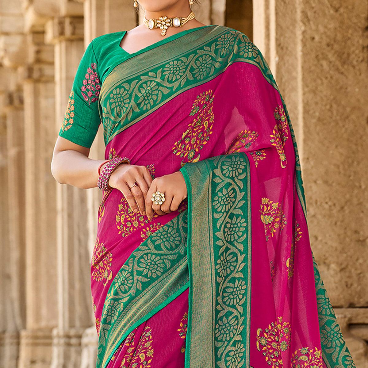 Pink Printed Art Silk Saree With Tassels - Peachmode