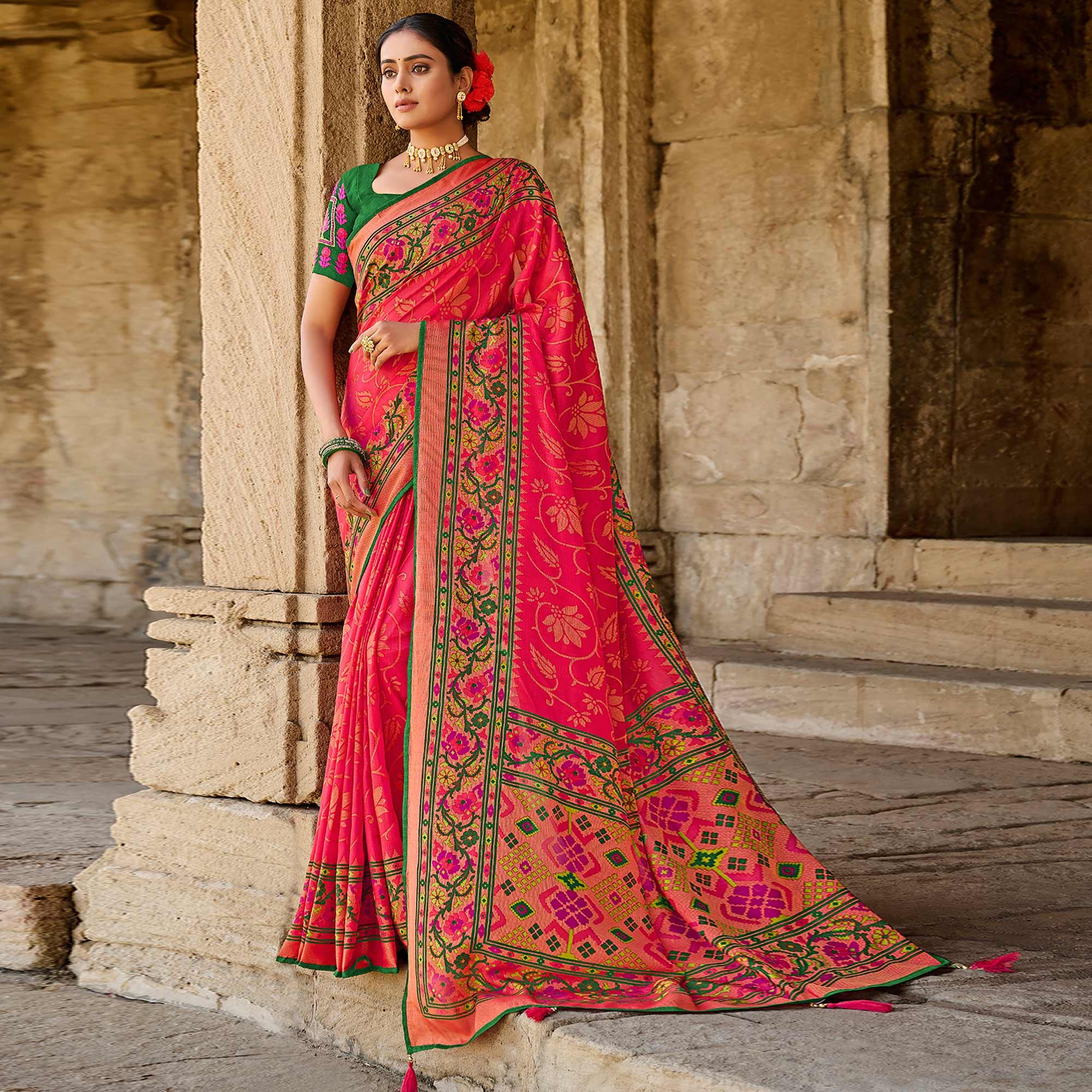 Pink Printed Art Silk Saree With Tassels - Peachmode