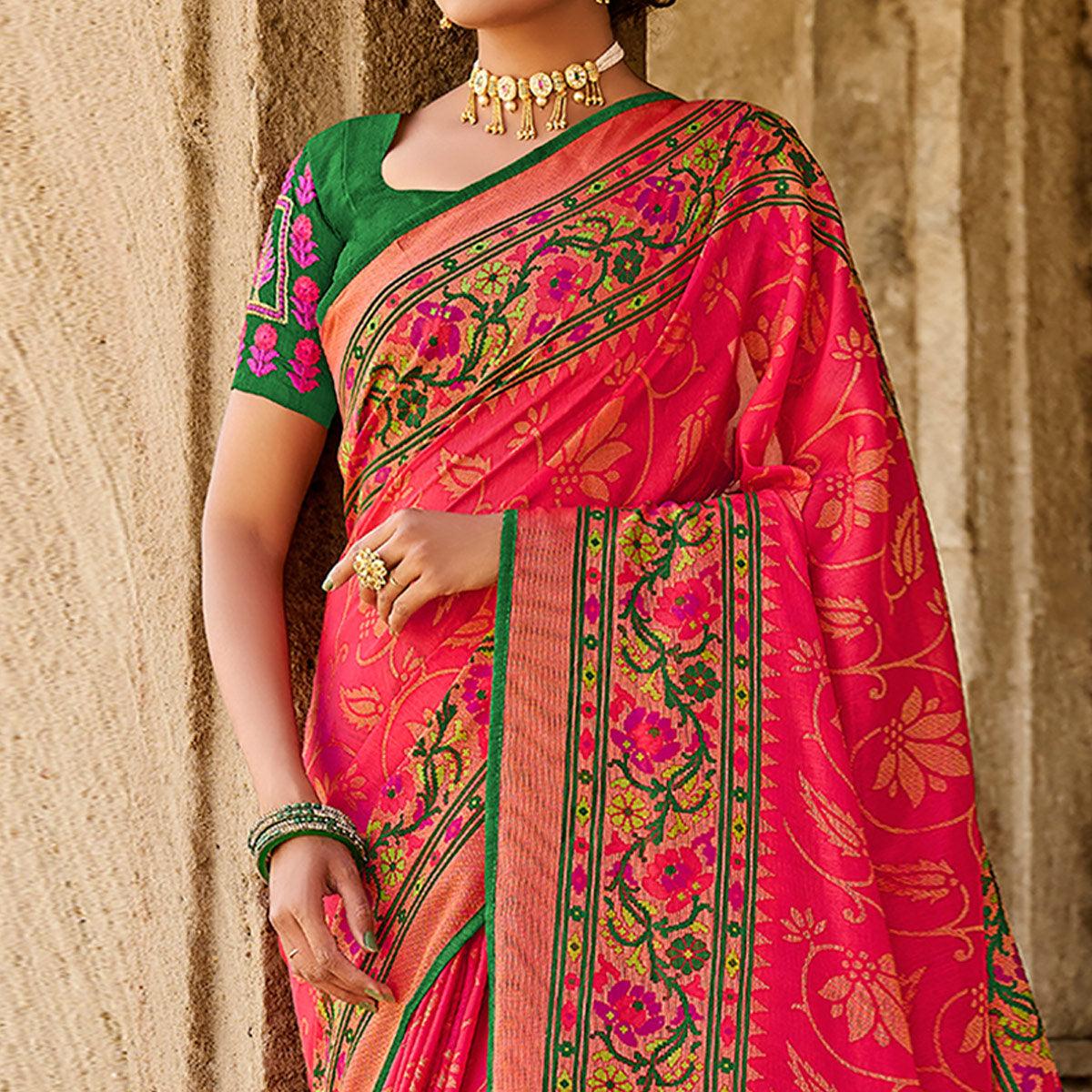 Pink Printed Art Silk Saree With Tassels - Peachmode