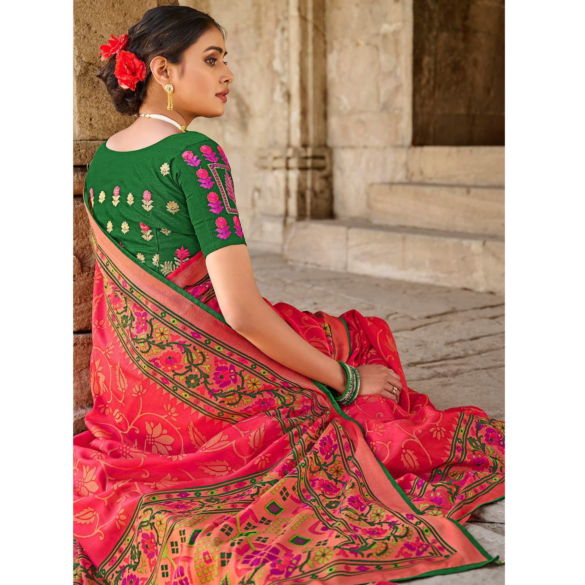 Pink Printed Art Silk Saree With Tassels - Peachmode