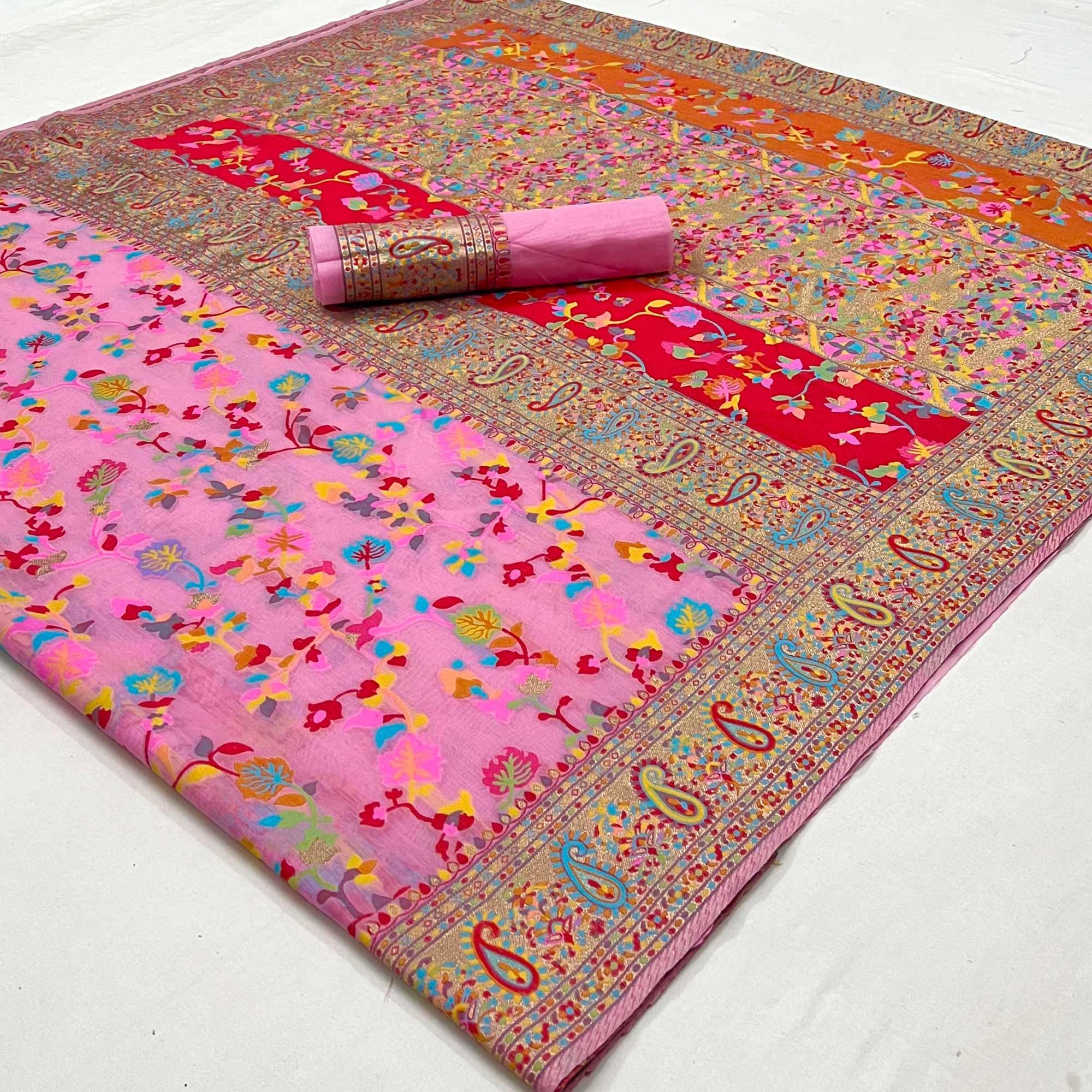 Pink Printed Chanderi Saree - Peachmode