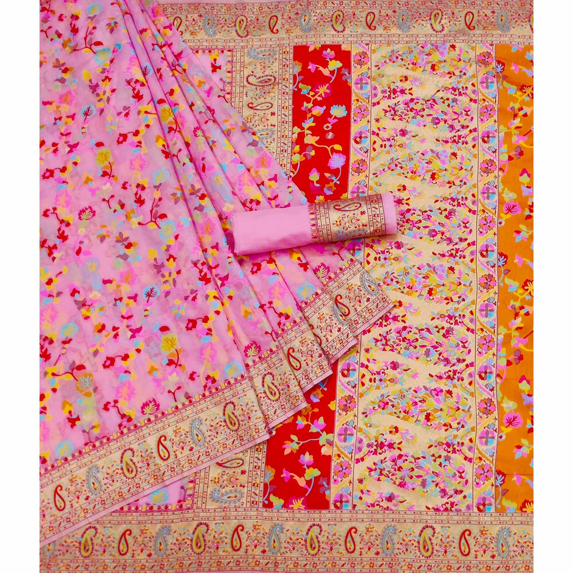 Pink Printed Chanderi Saree - Peachmode