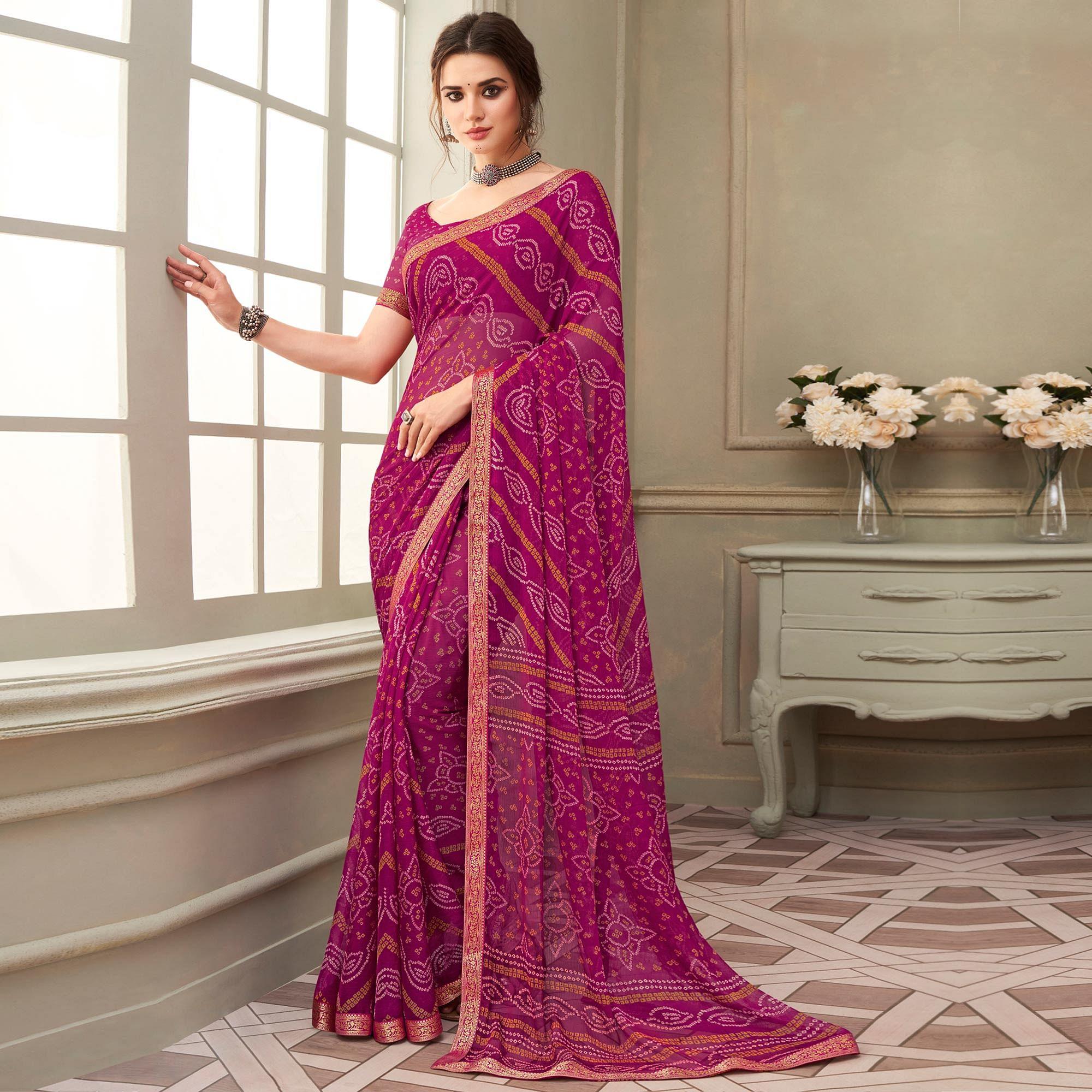 Pink Printed Chiffon Saree with Banarasi Border - Peachmode