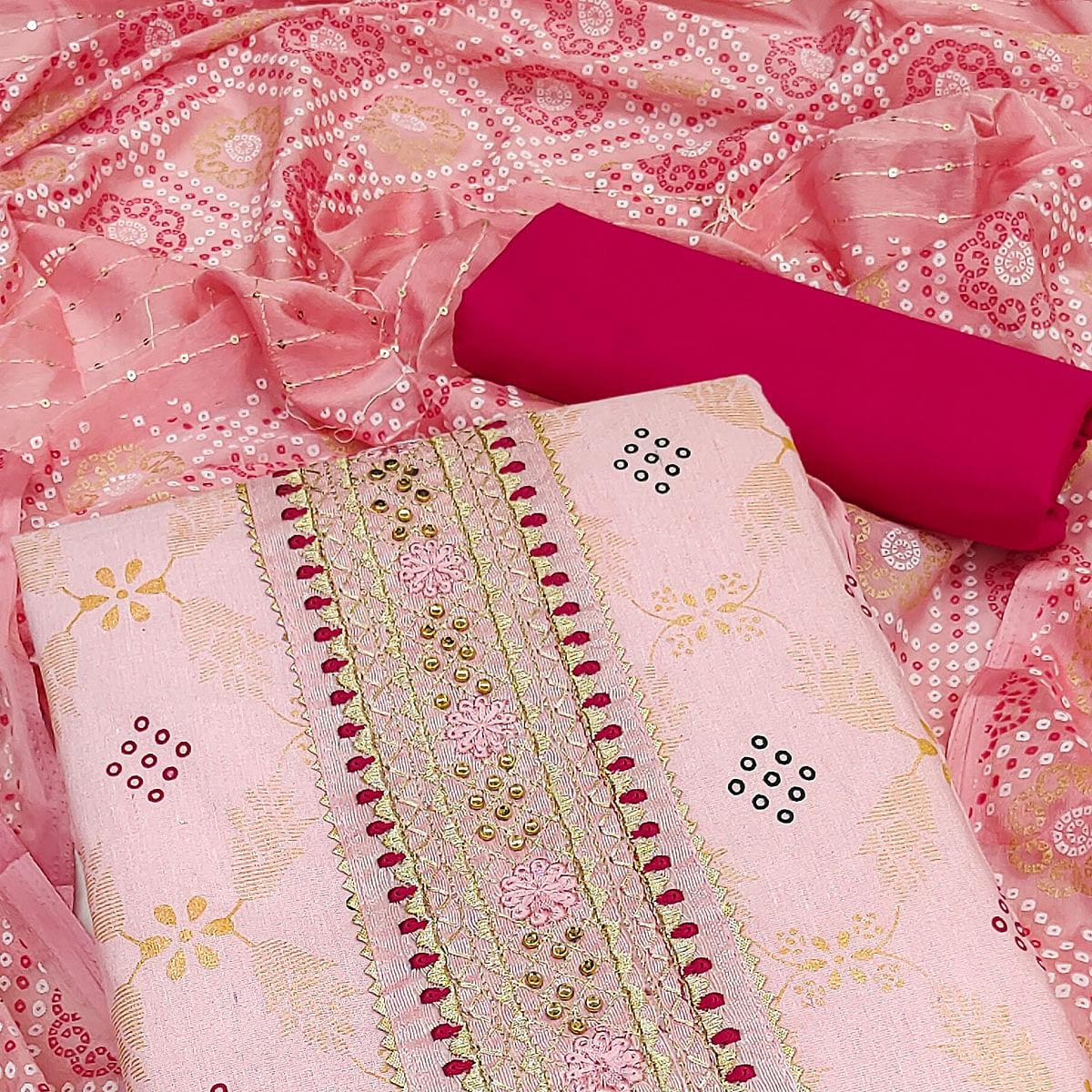 Pink Printed Cotton Dress Material - Peachmode
